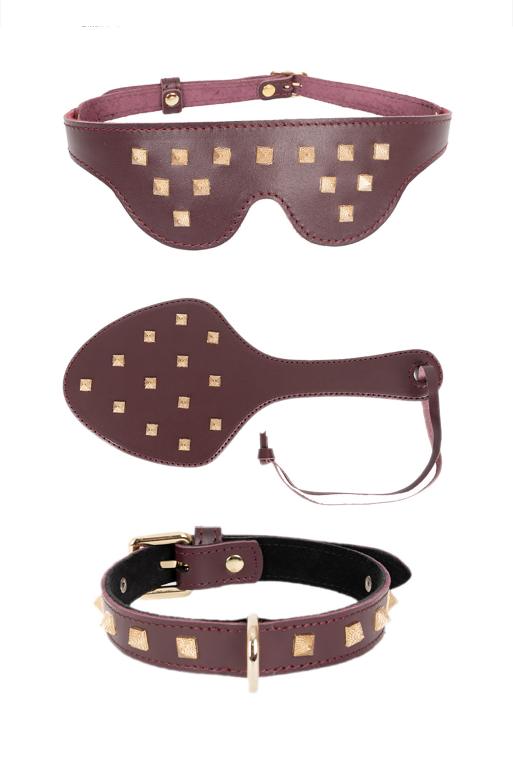 3 in 1 Leather Luxury Set with Spikes. Blindfold Mask, Spanking Paddle, Choker