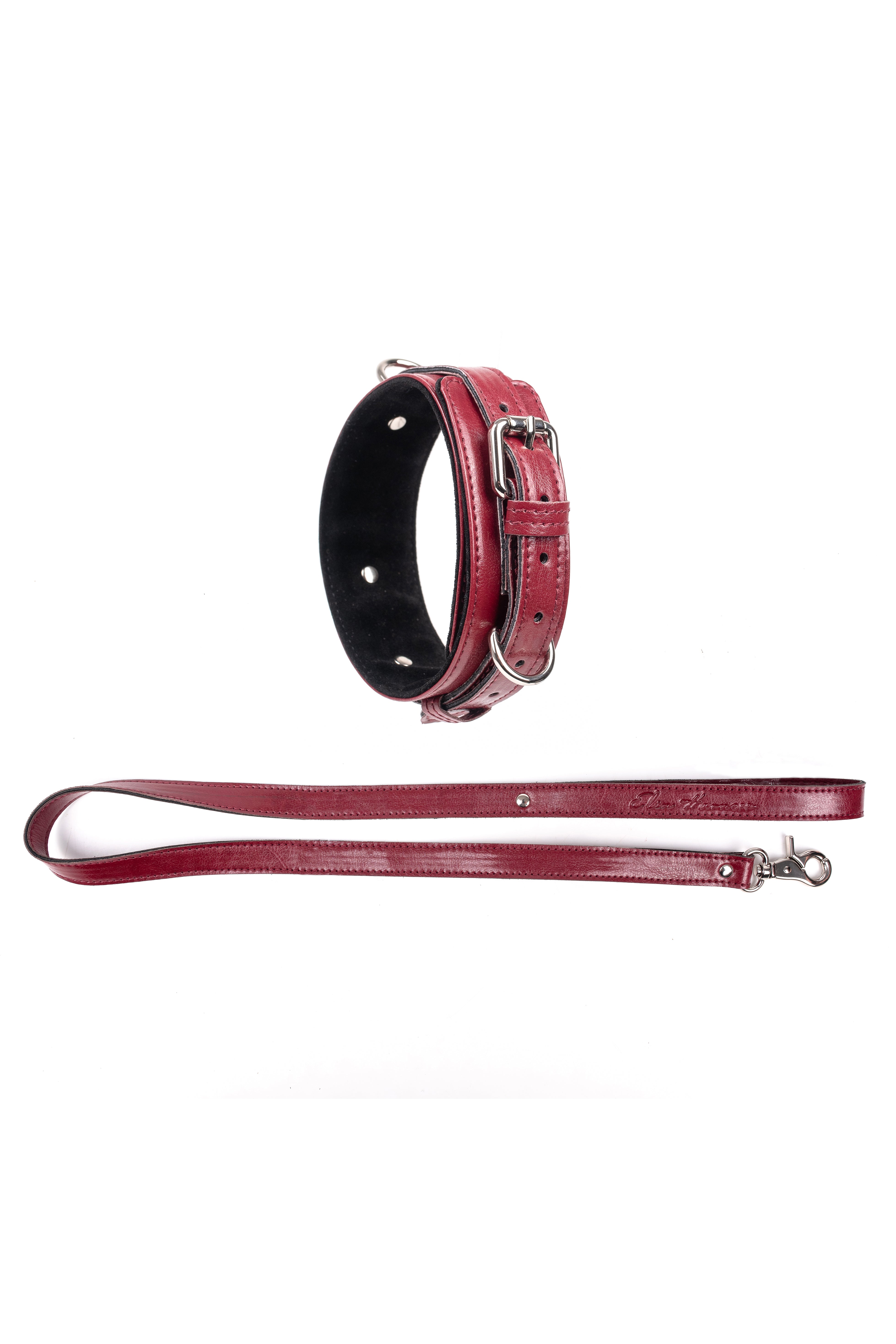 Faux Leather Collar with Leash. Burgundy