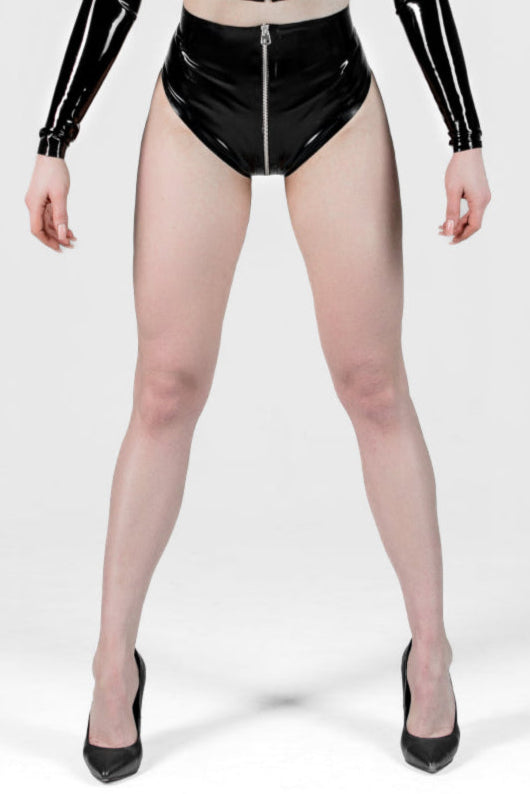Latex High-Waist Zipper Panties. Black