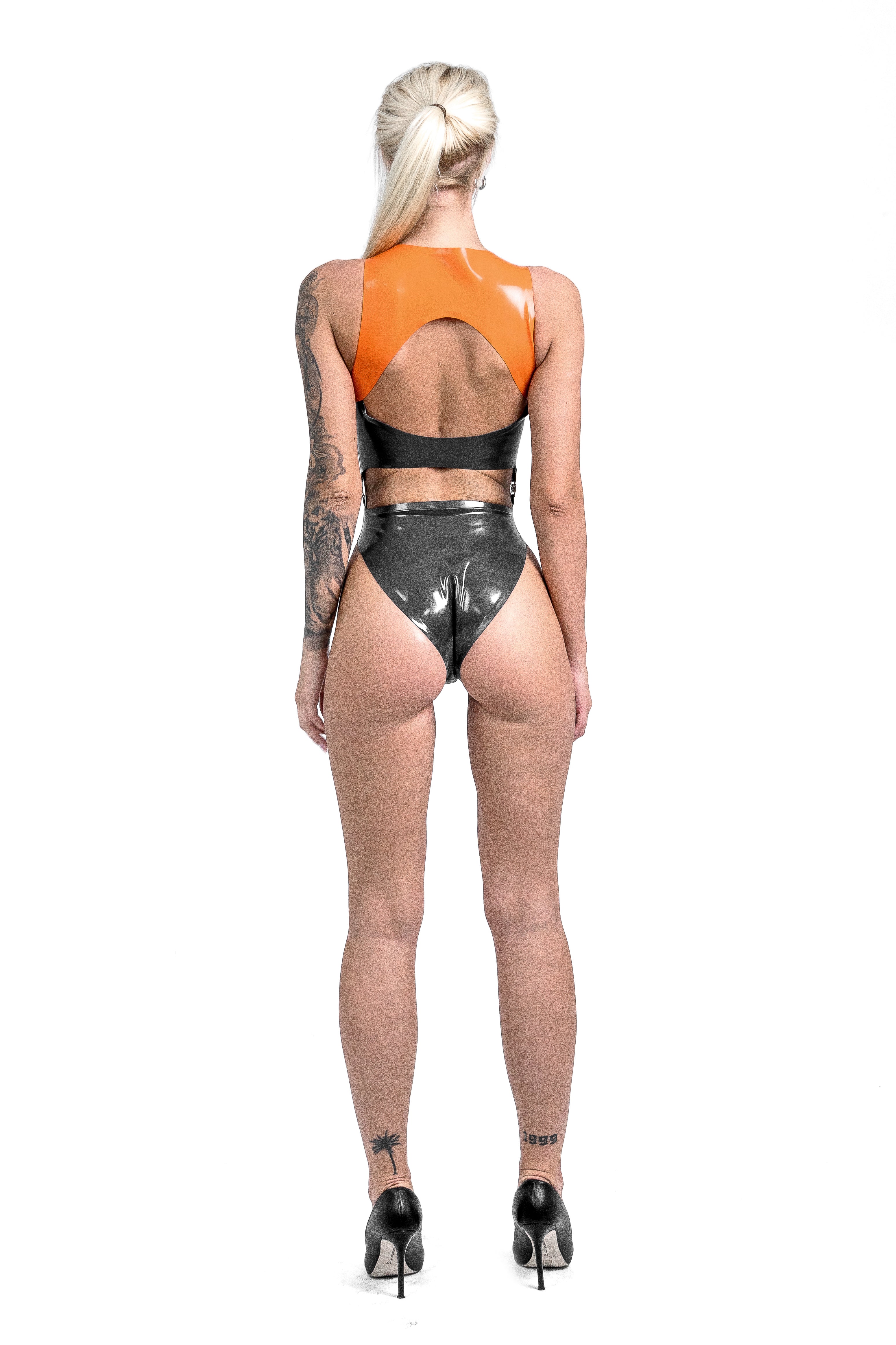 2-pieces Latex Bodysuit. Apricot & Black