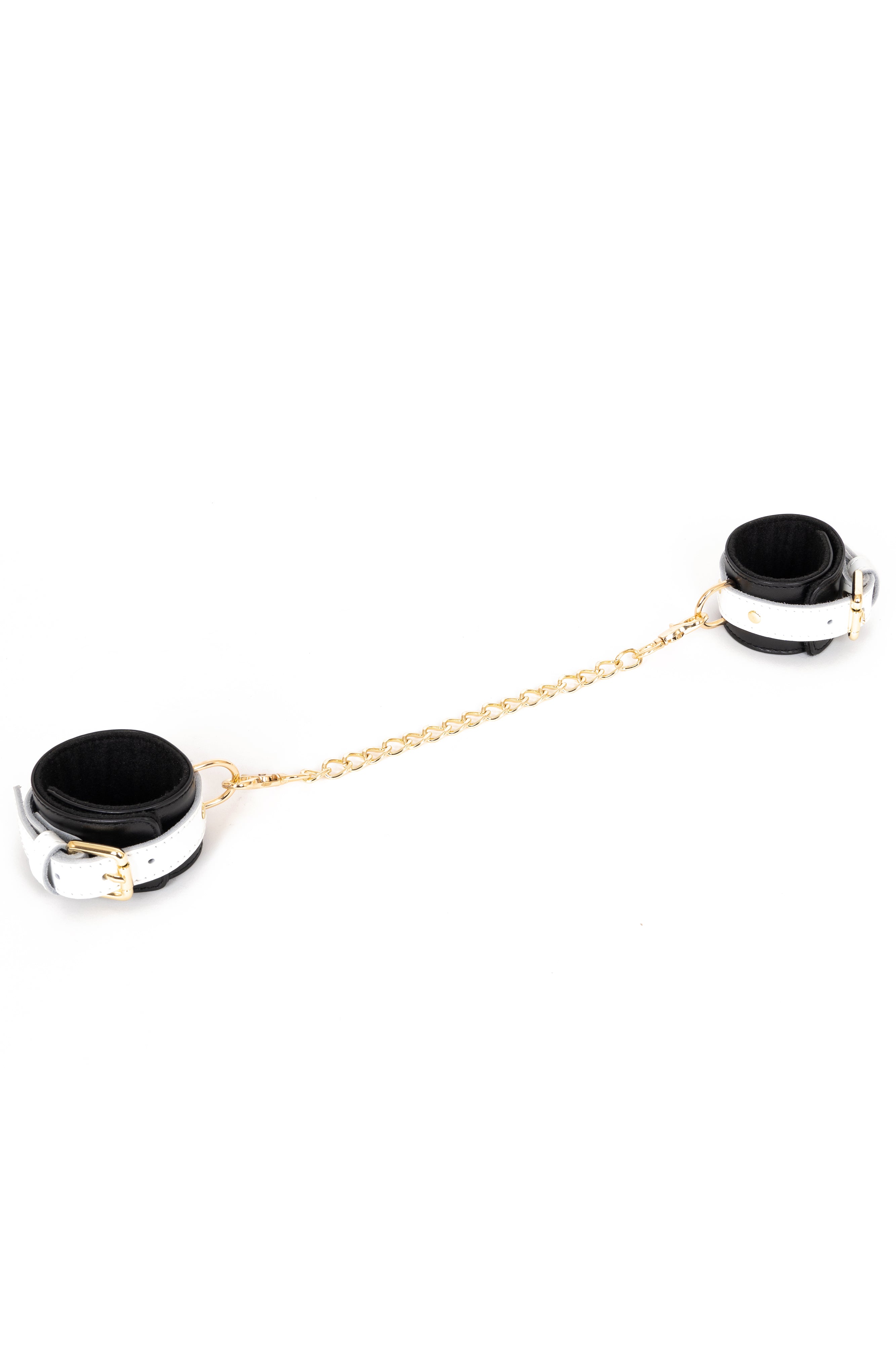 Black'n'White Leather Handcuffs, Ankle cuffs with chain connector