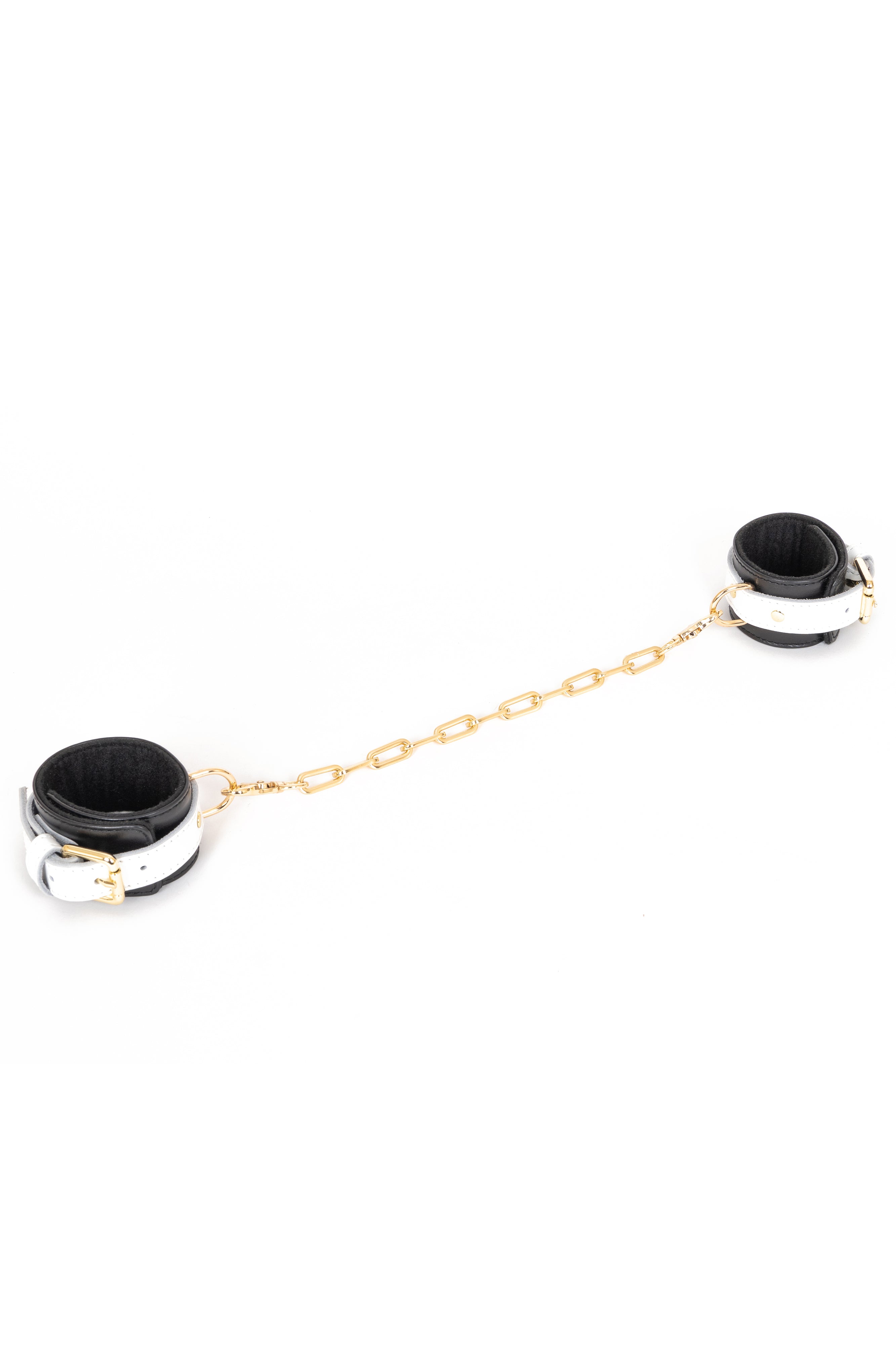 Black'n'White Leather Handcuffs, Ankle cuffs with chain connector