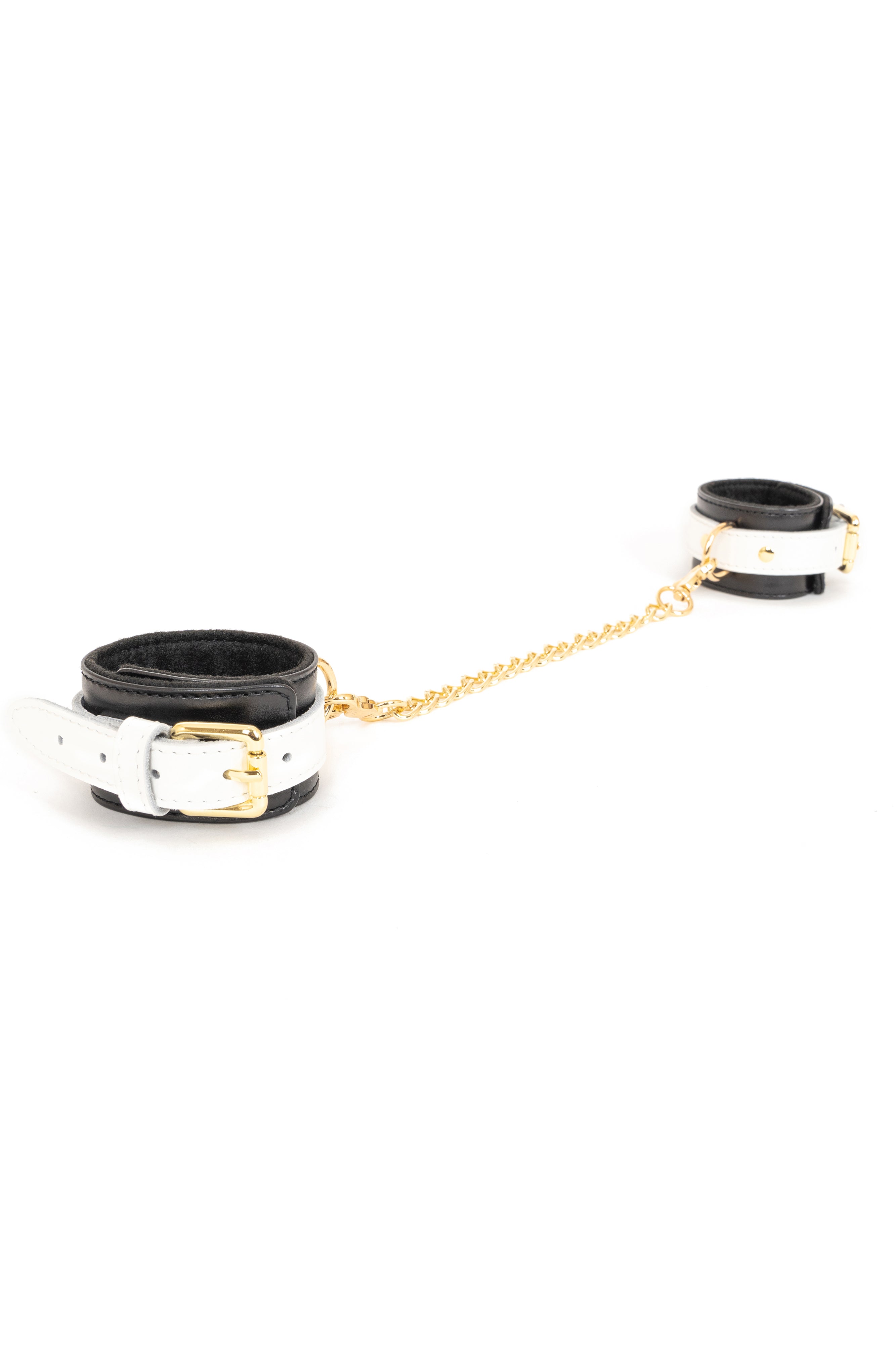 Black'n'White Leather Handcuffs, Ankle cuffs with chain connector