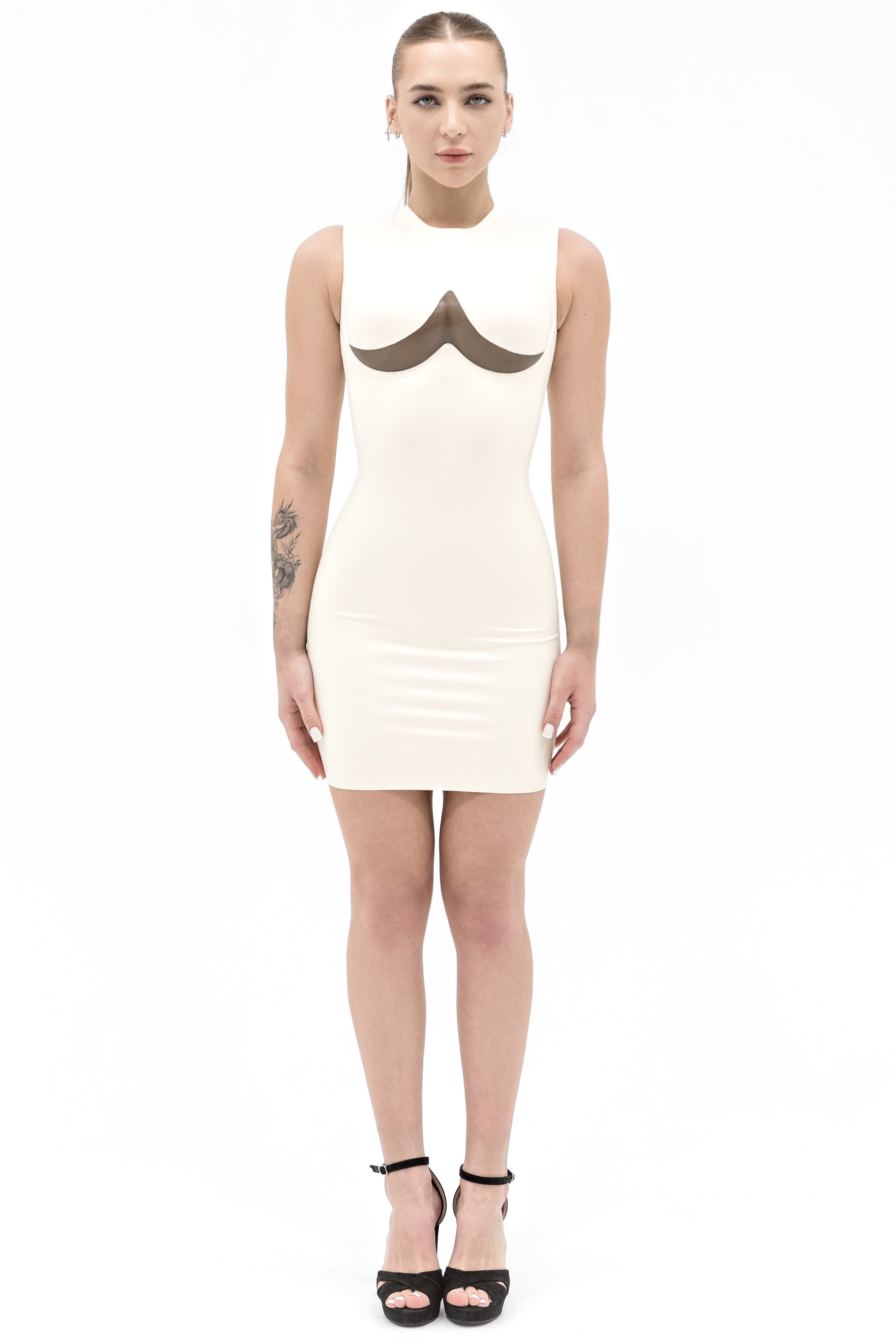 Sleeveless Latex Dress with the transparent insert. Milky White