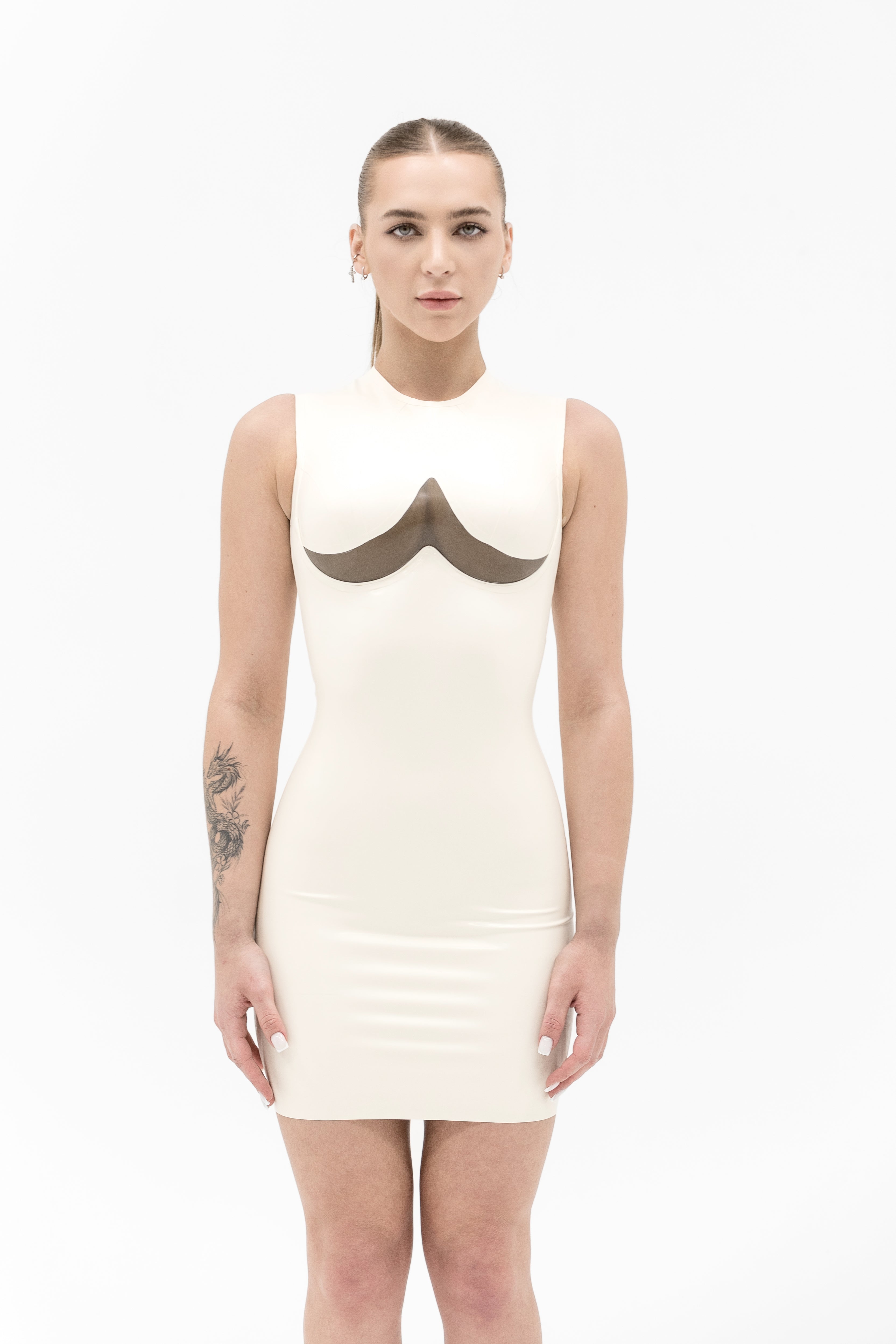 Sleeveless Latex Dress with the transparent insert. Milky White