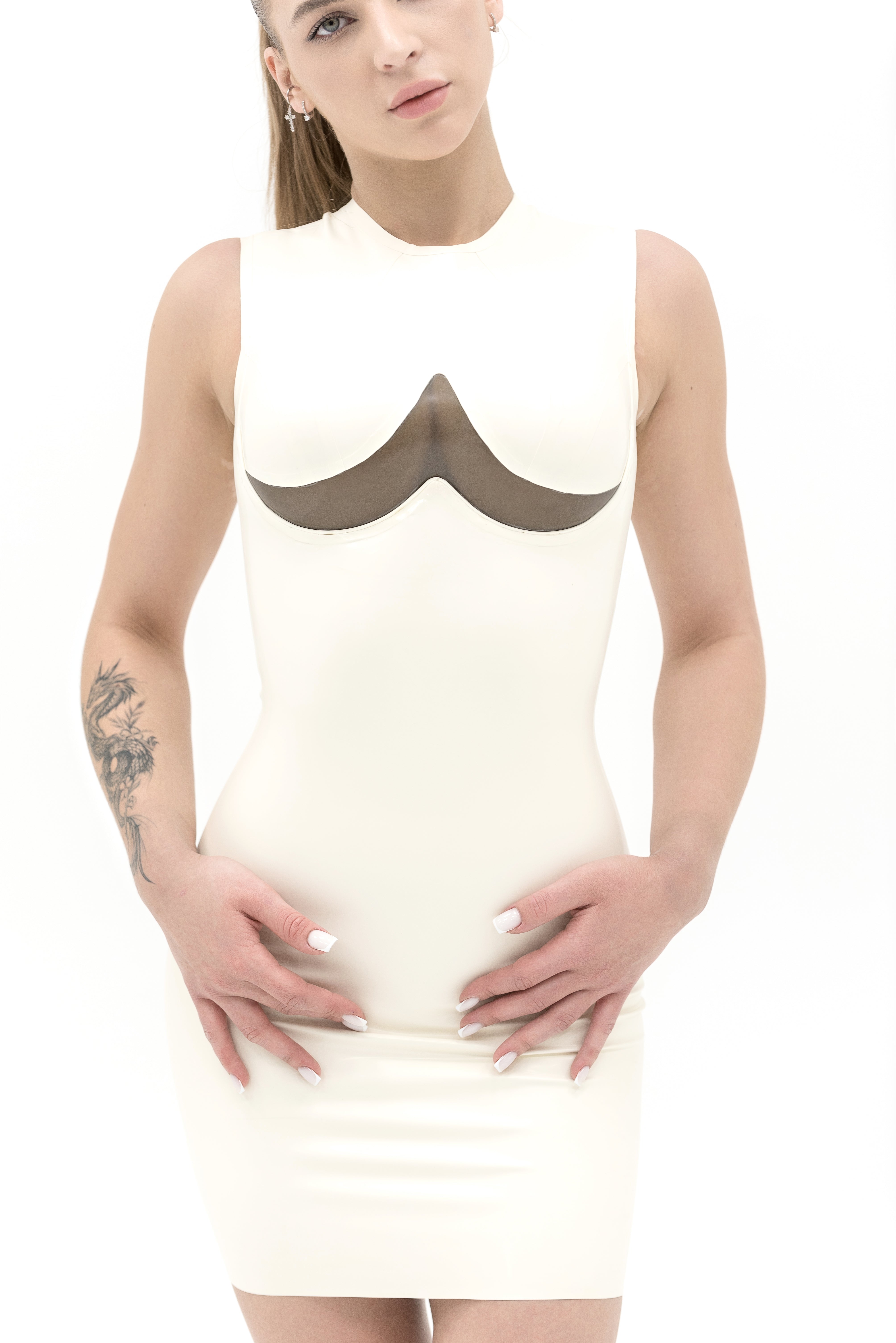 Sleeveless Latex Dress with the transparent insert. Milky White