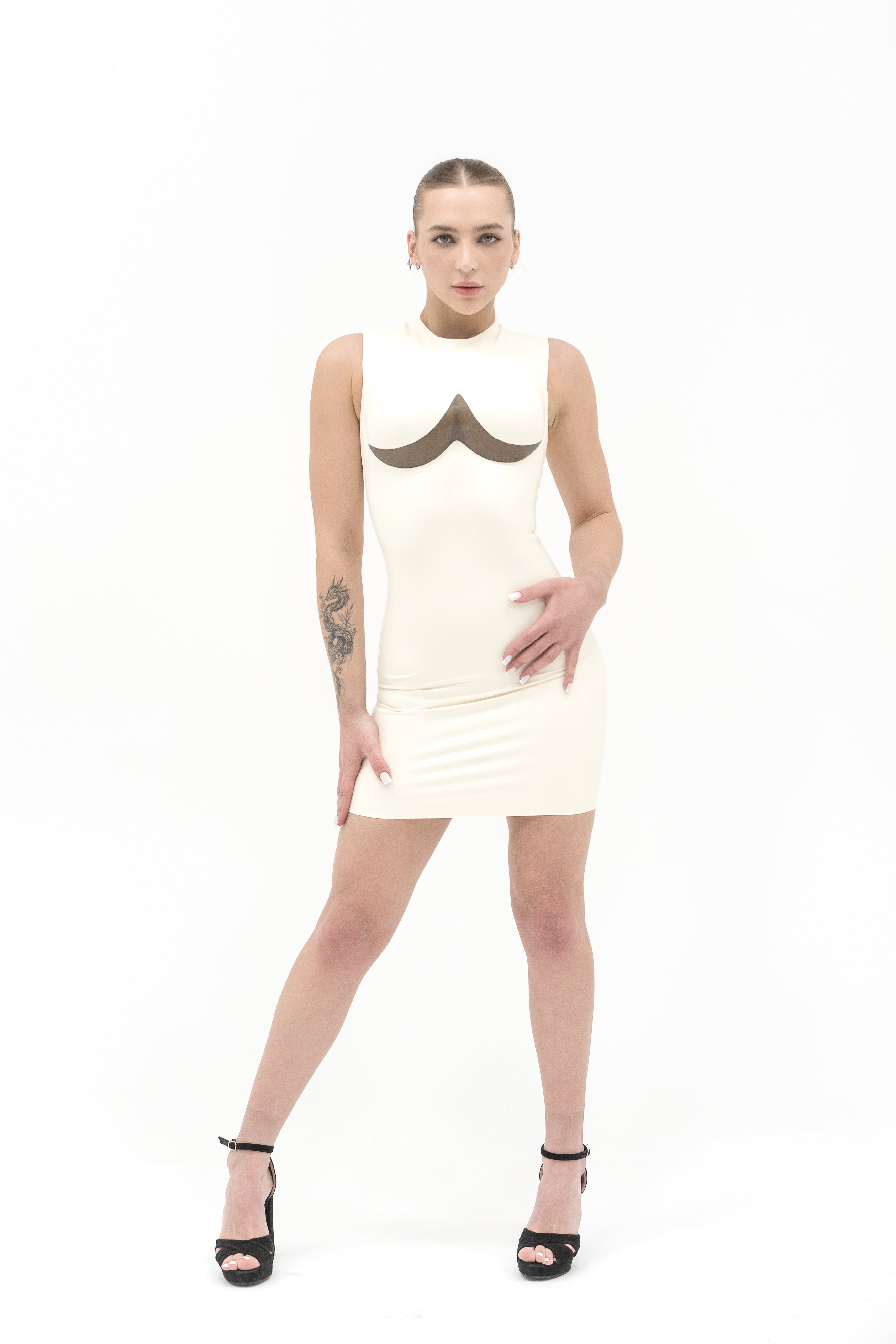 Sleeveless Latex Dress with the transparent insert. Milky White