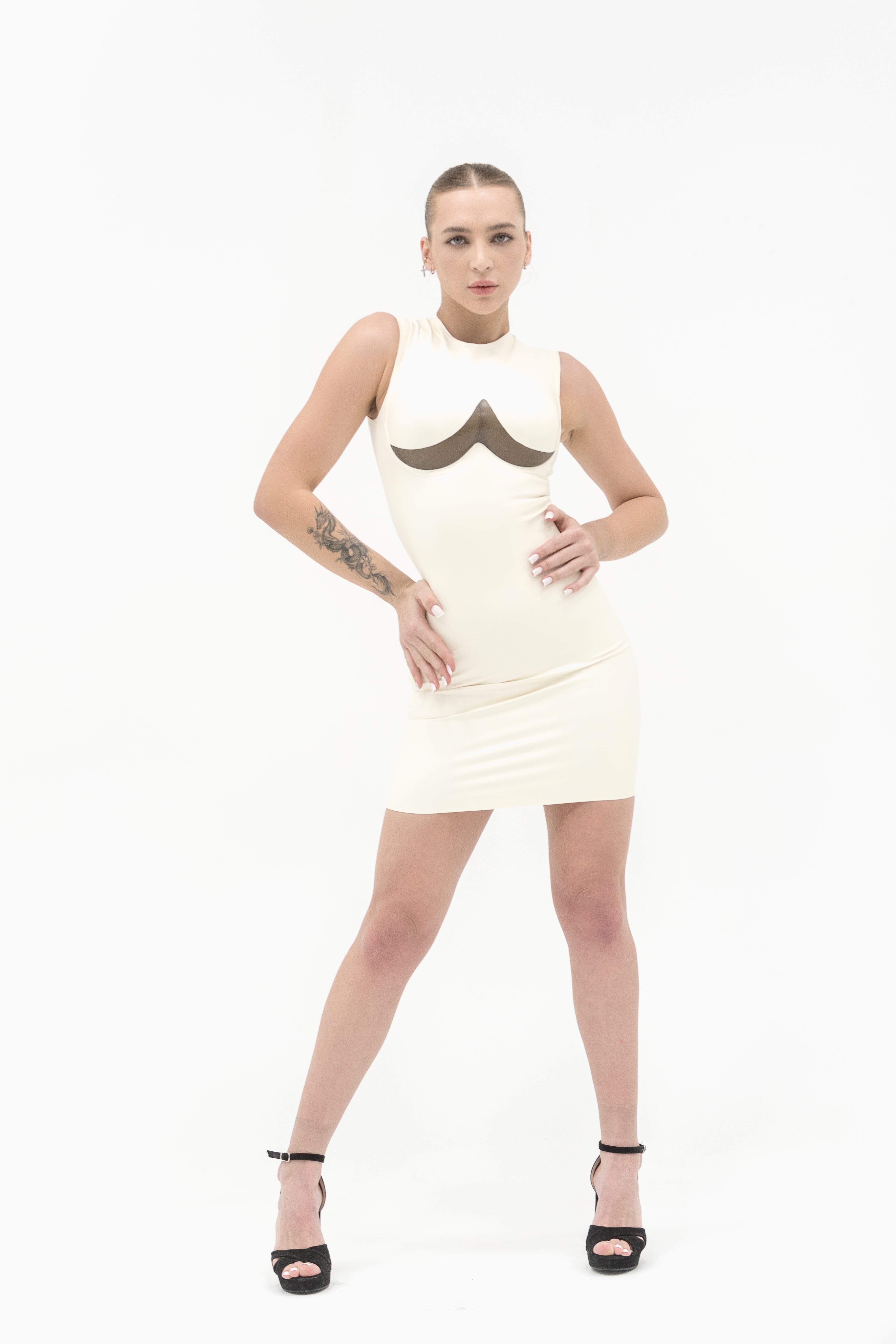 Sleeveless Latex Dress with the transparent insert. Milky White