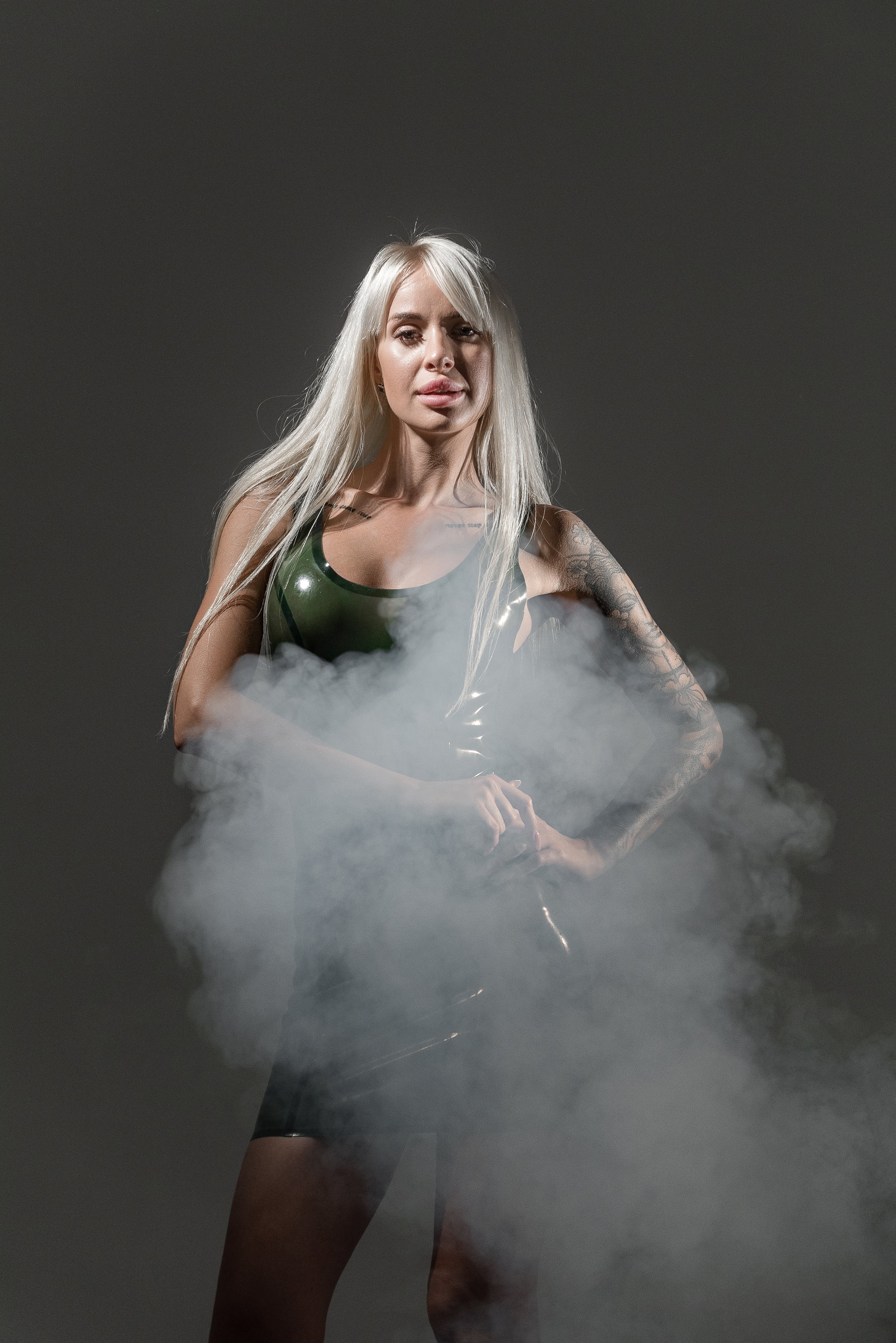 Translucent Latex Mini Dress. Olive