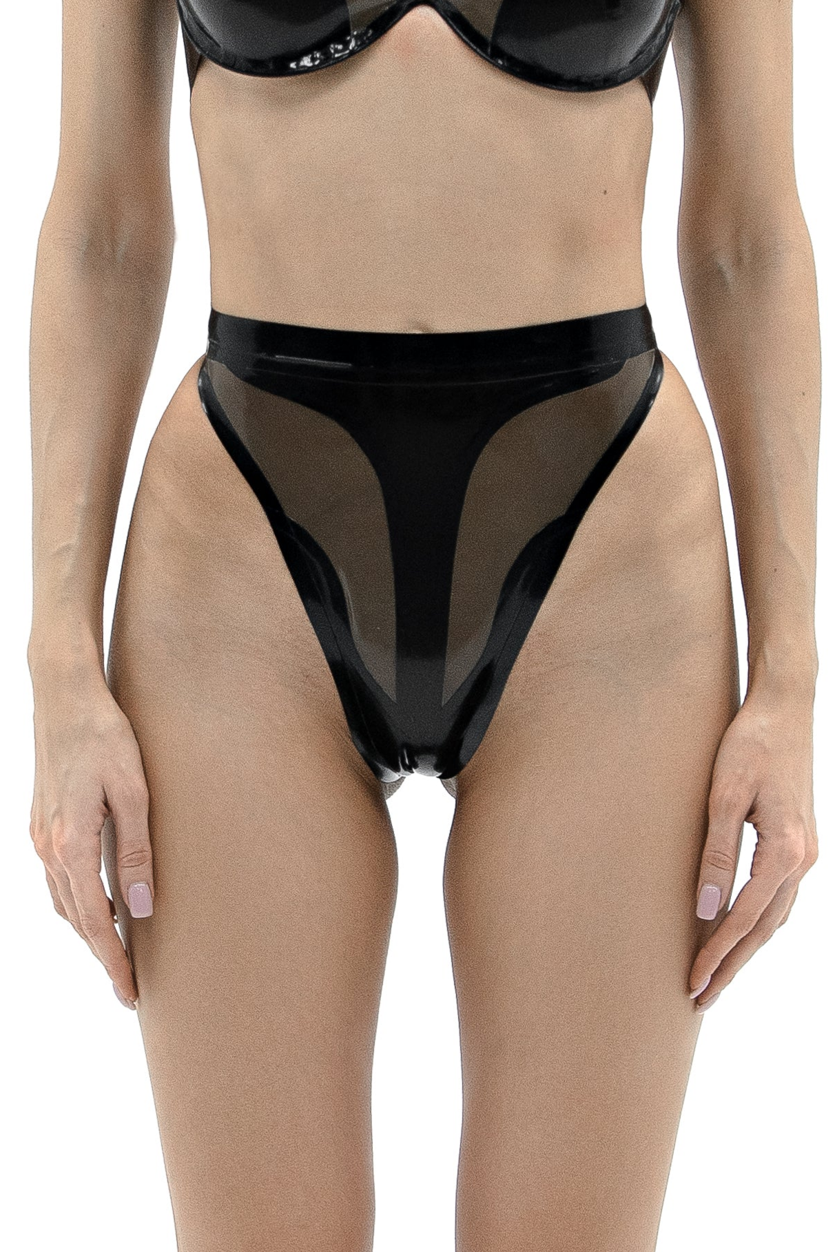 Latex High-Waisted Panties. Semi-Transparent Black + Black