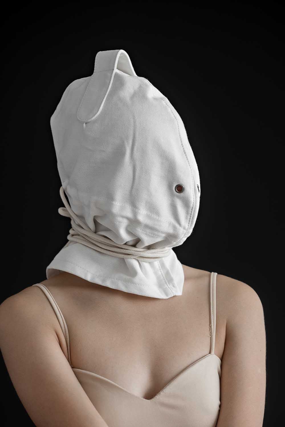 Bondage Hood, blindfold hood with holes for breathing. White