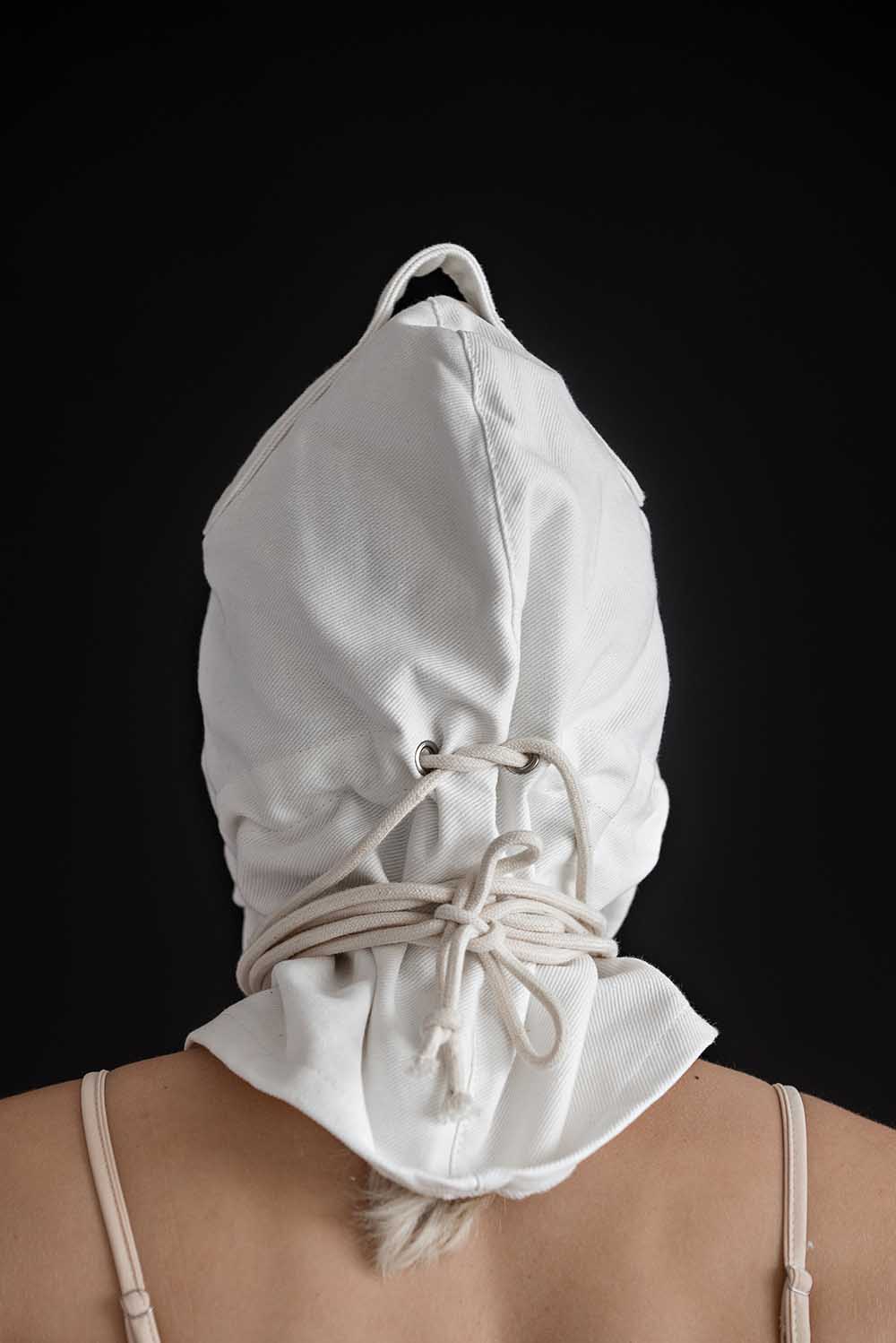 Bondage Hood, blindfold hood with holes for breathing. White