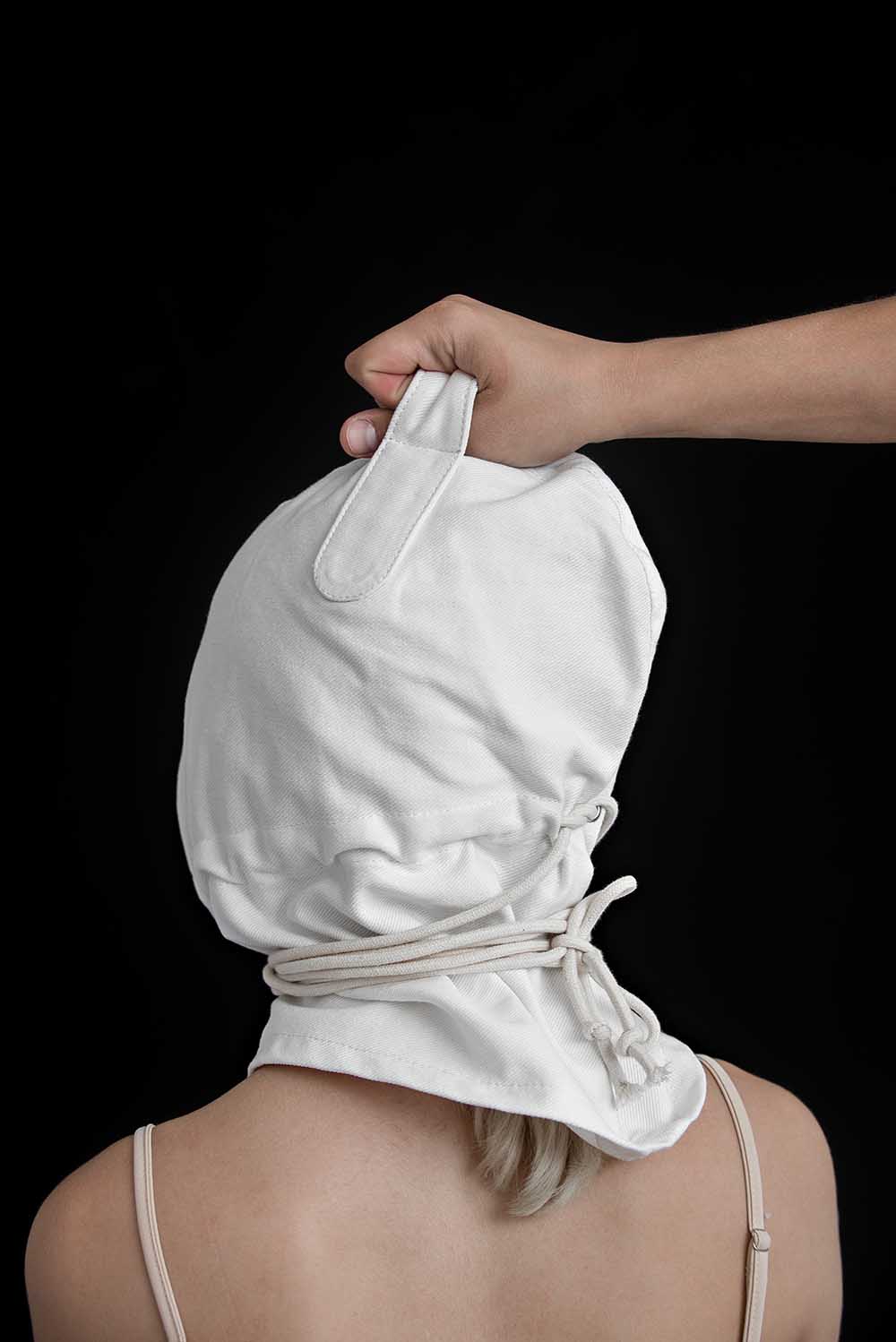 Bondage Hood, blindfold hood with holes for breathing. White