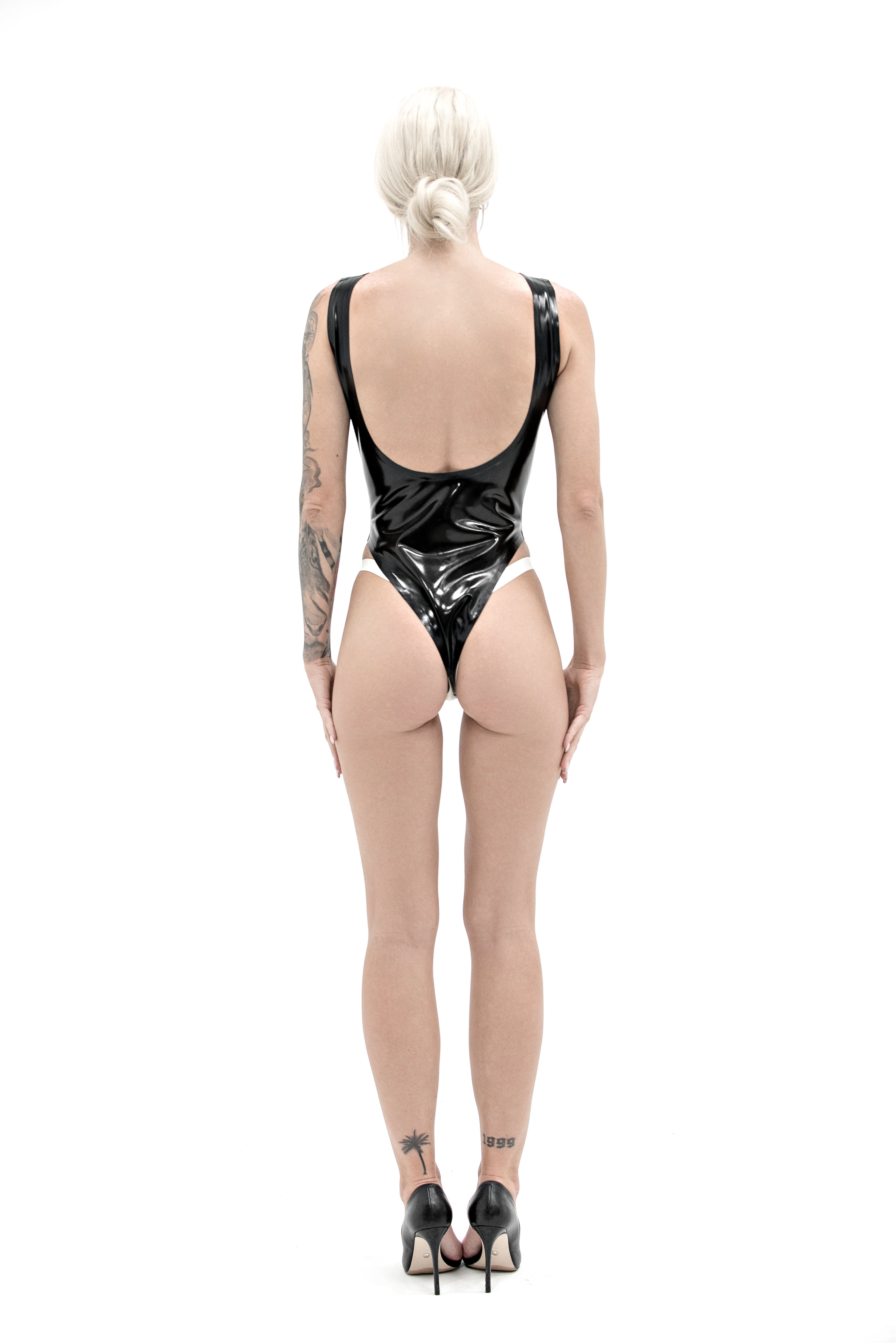 Latex Open Bust and Open Crotch Bodysuit. Black