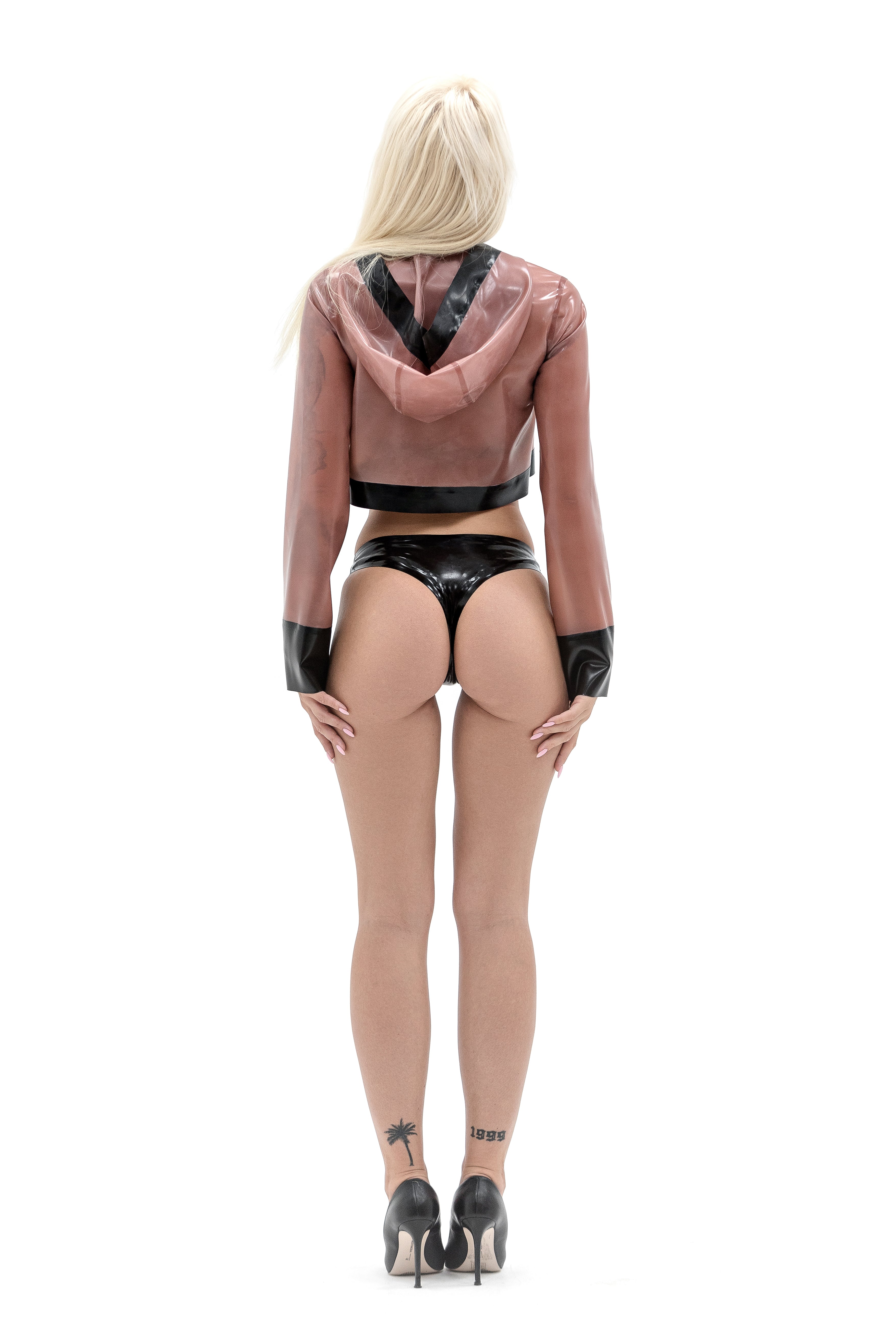 Latex shortcut jacket with a hood. Semi-transparent Pink