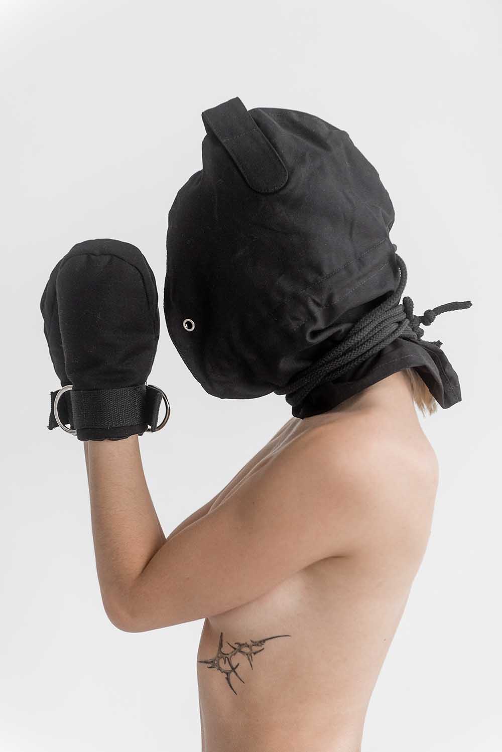 Bondage Hood, blindfold hood with holes for breathing. Black