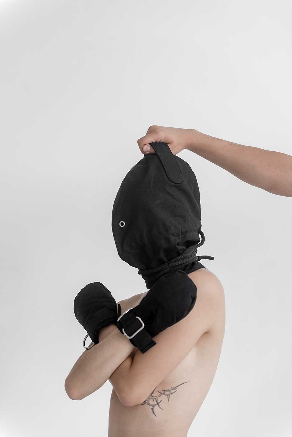 Bondage Hood, blindfold hood with holes for breathing. Black