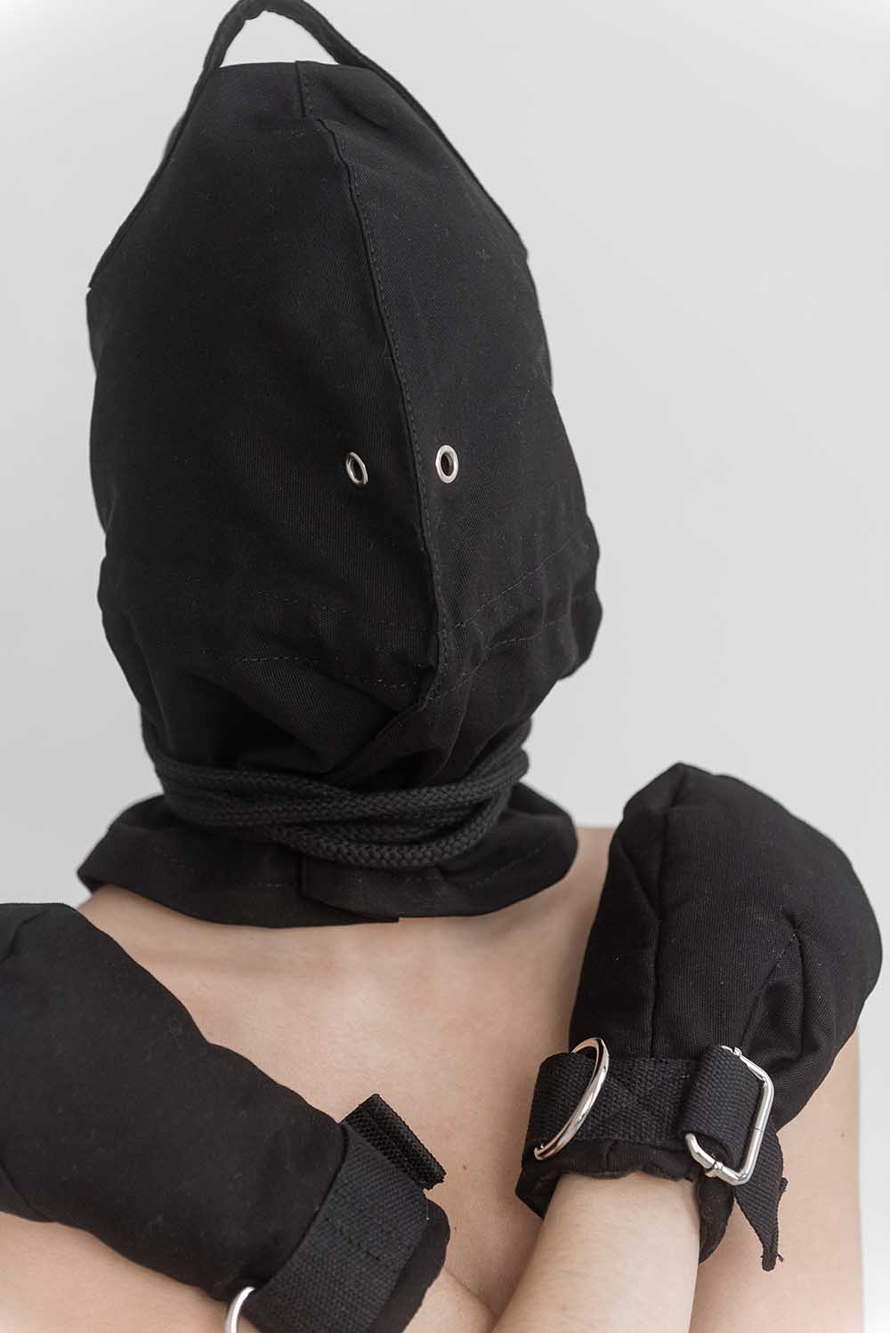 Bondage Hood, blindfold hood with holes for breathing. Black