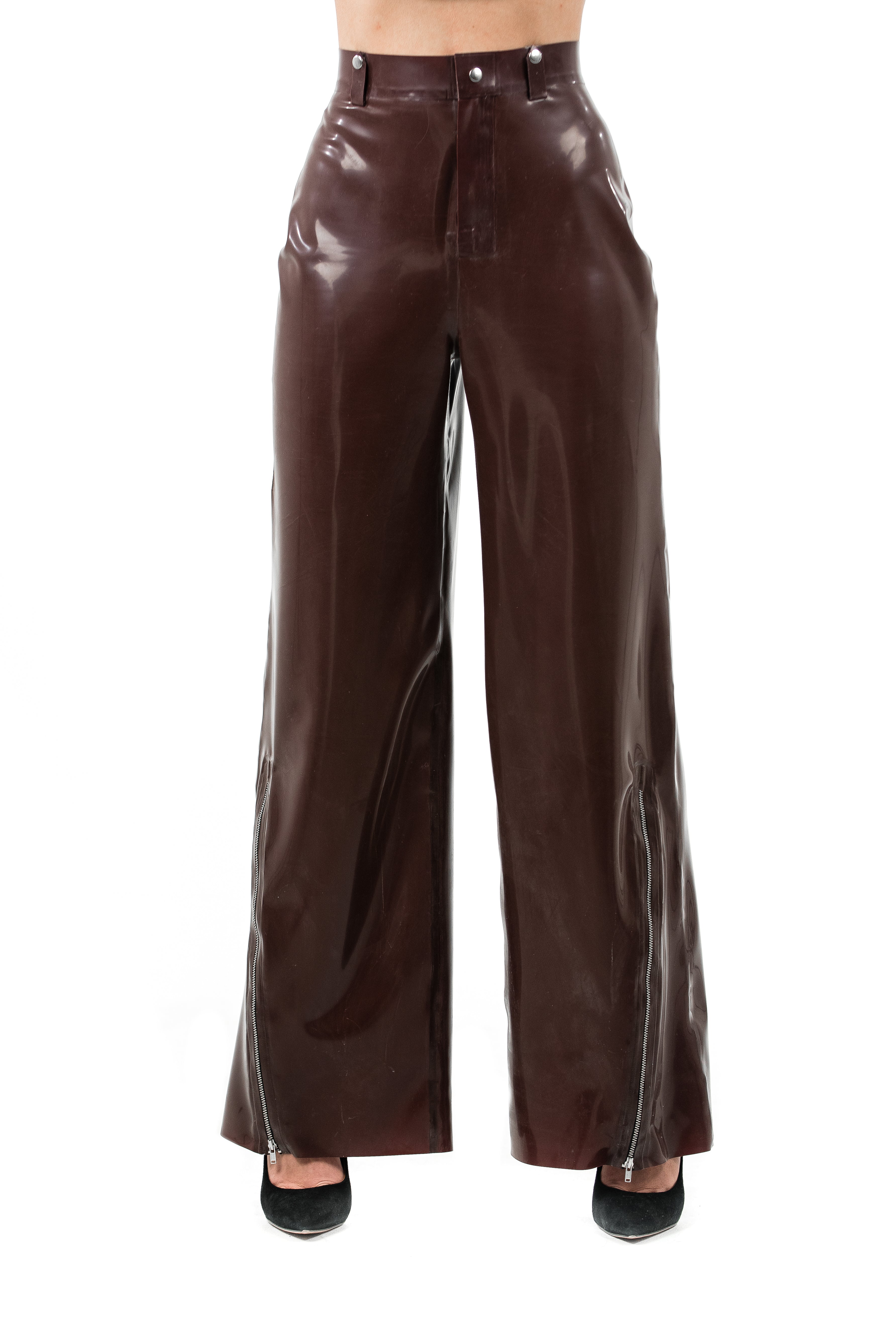 High-Waisted Latex Pants with Side Zippers. Brown