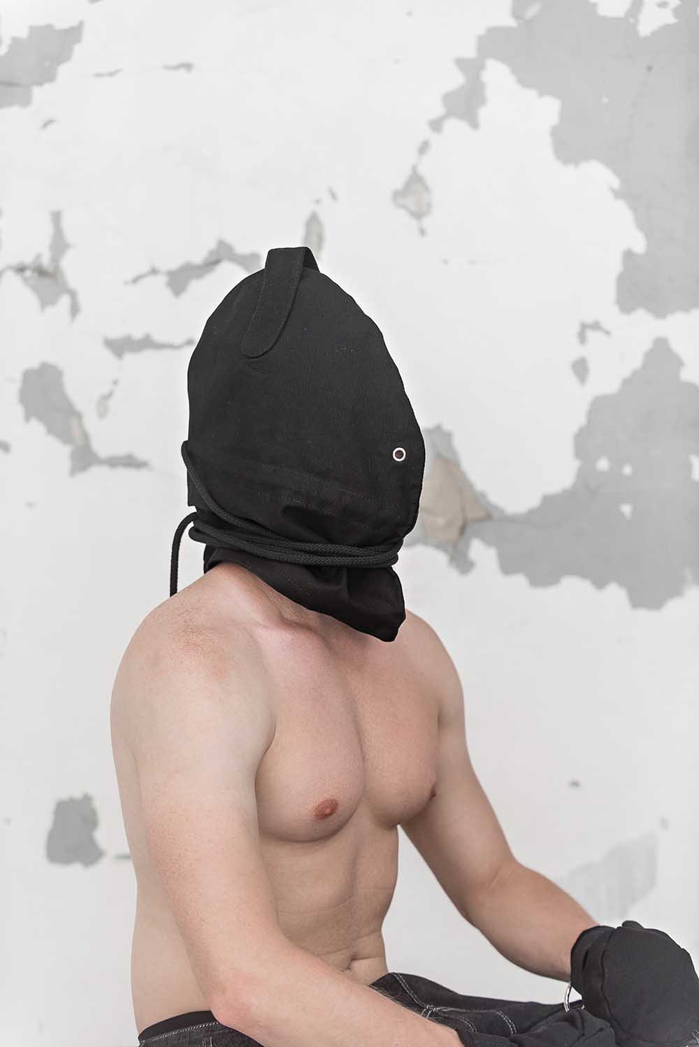 Bondage Hood, blindfold hood with holes for breathing. Black