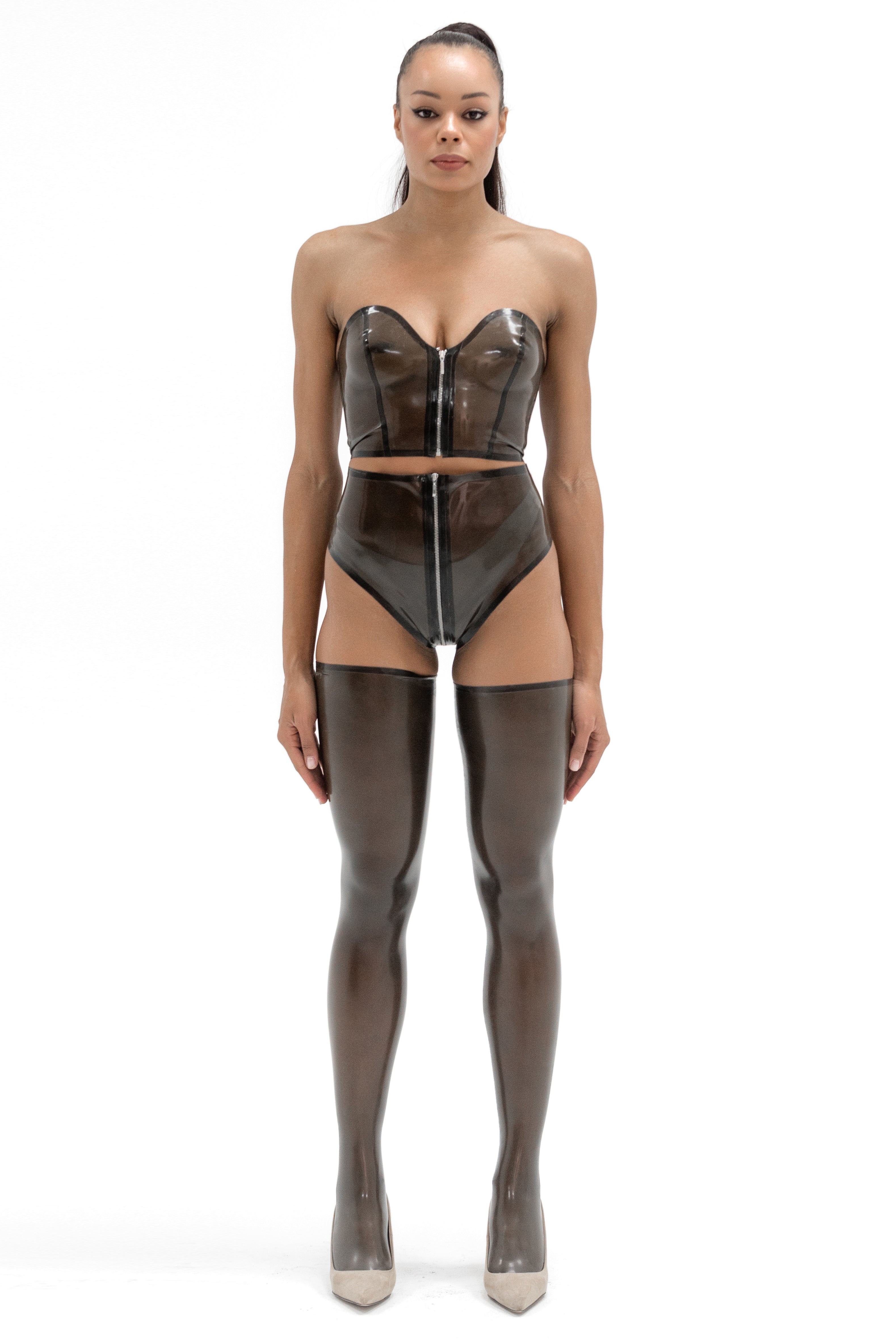 Latex High-Waist Zipper Panties. Semi-transparent Black