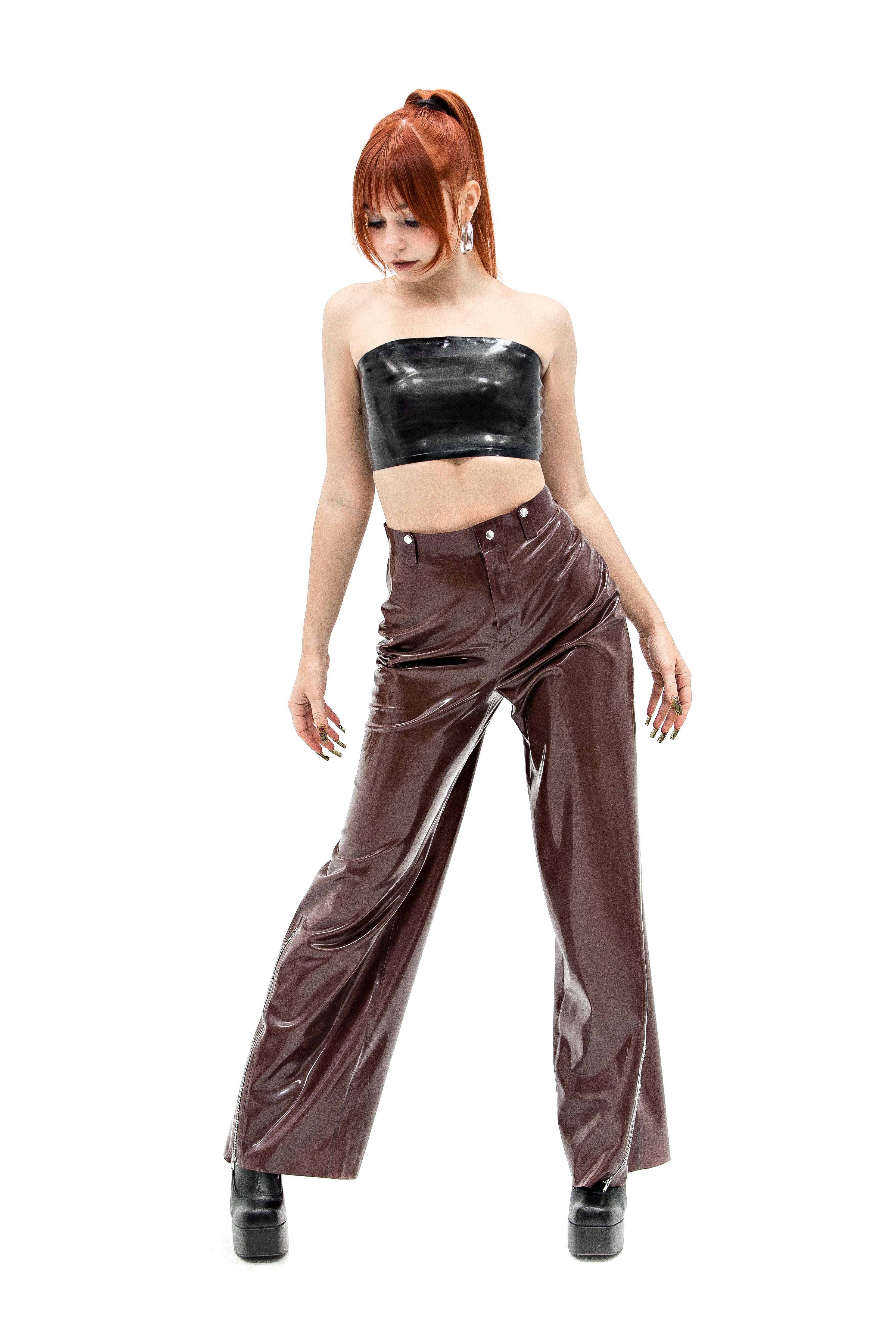 High-Waisted Latex Pants with Side Zippers. Brown