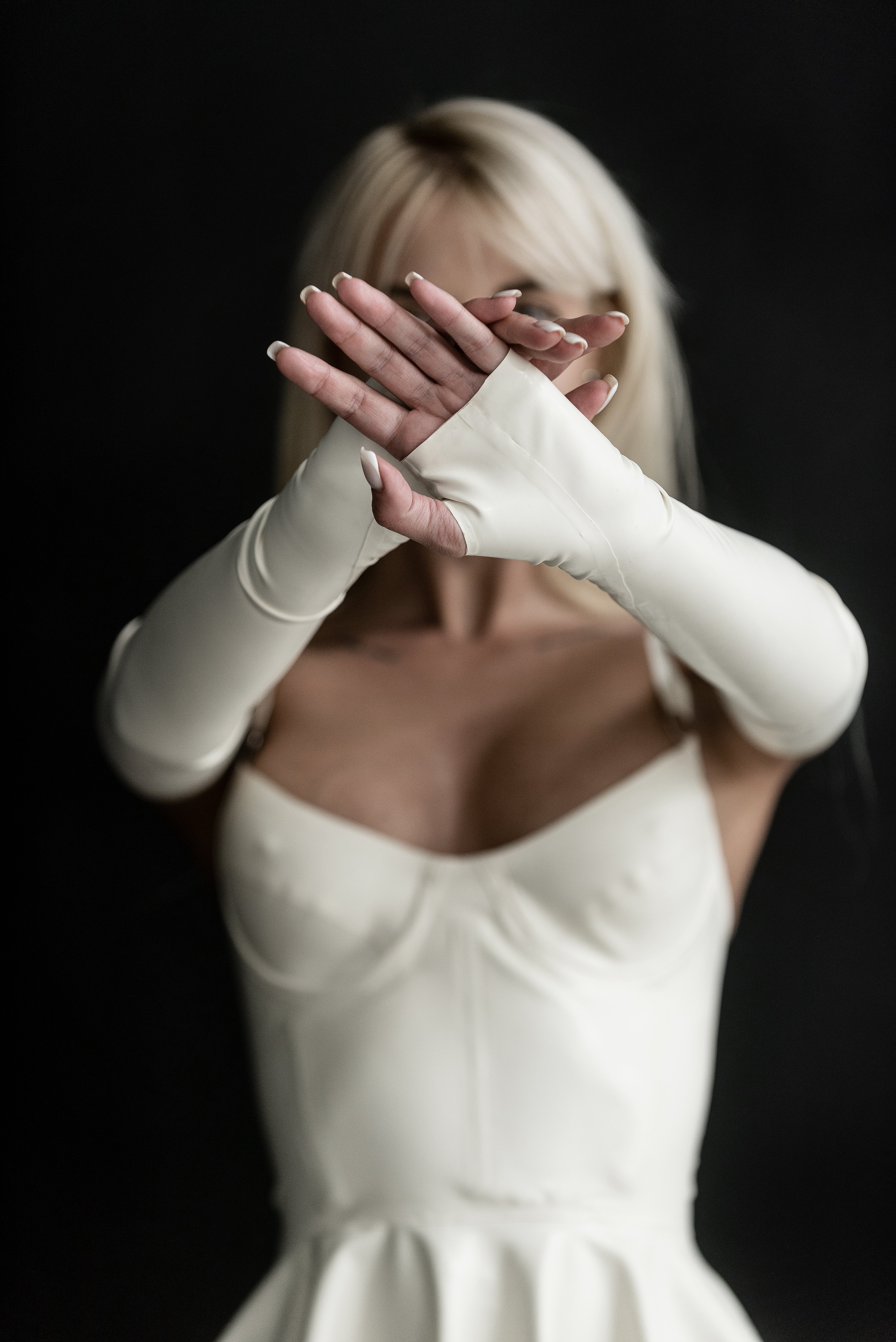 Latex Fingerless Long Gloves. Milky White