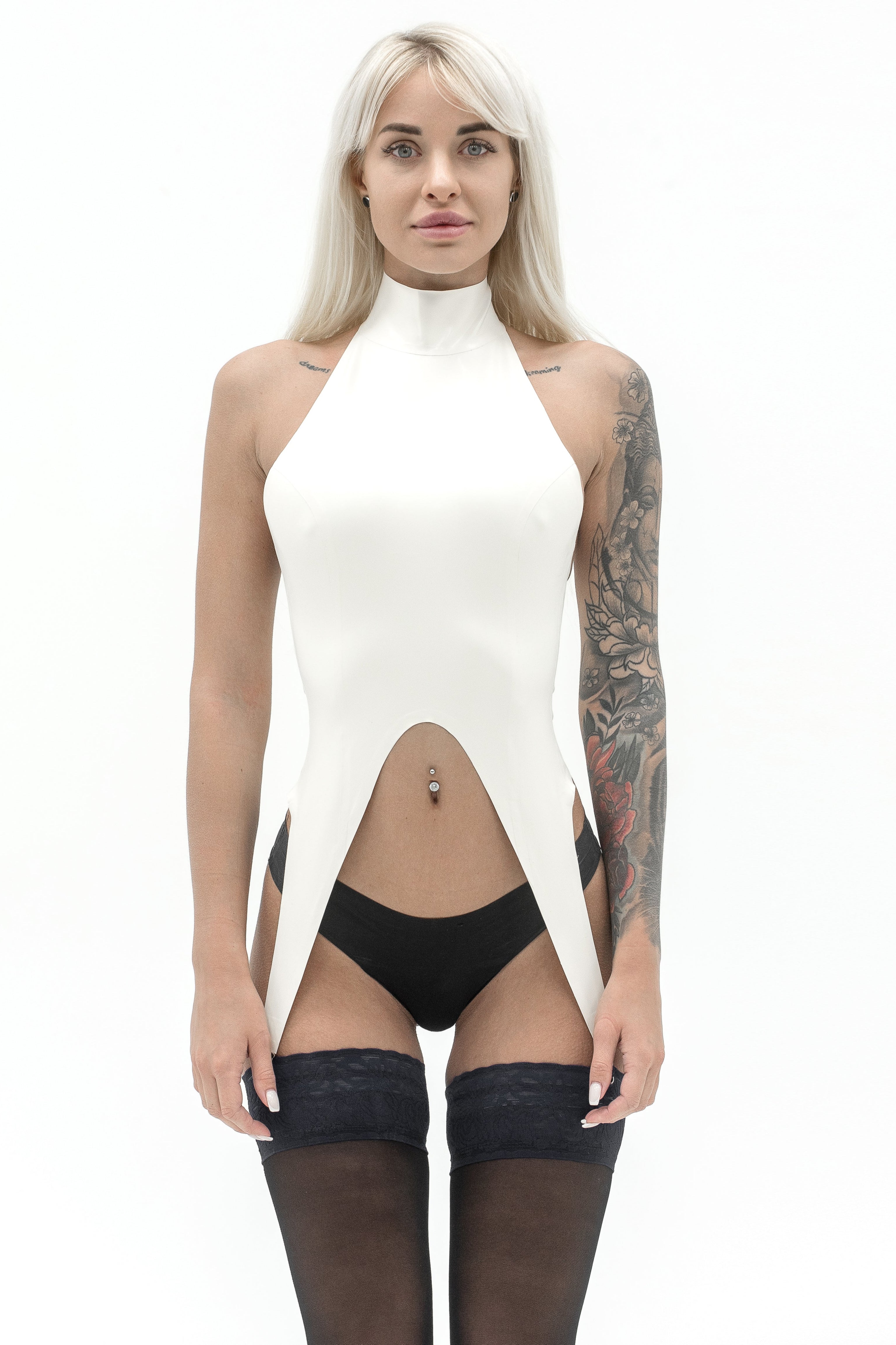 Latex top with garter belt. White