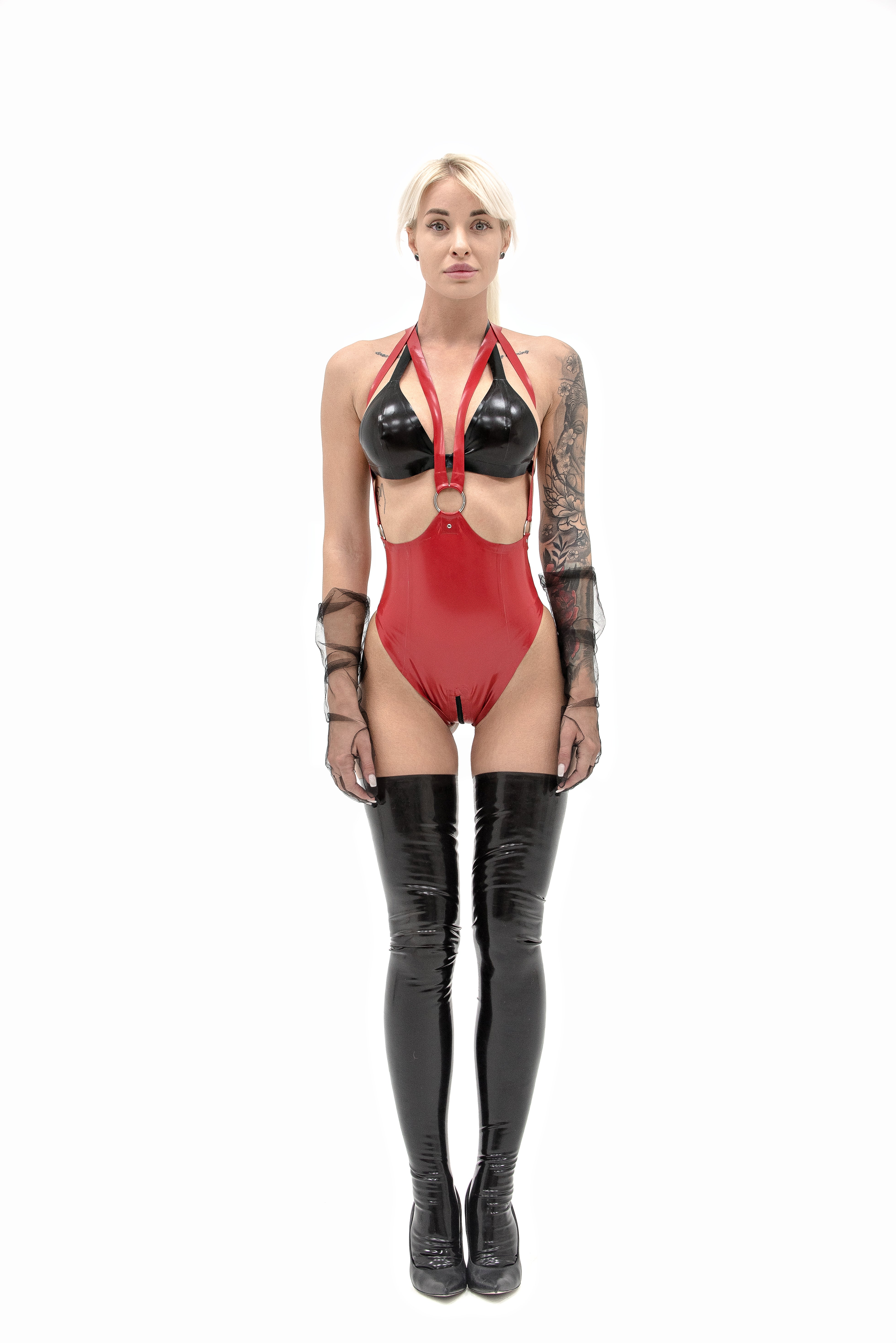 Latex leotard with open bust. Black