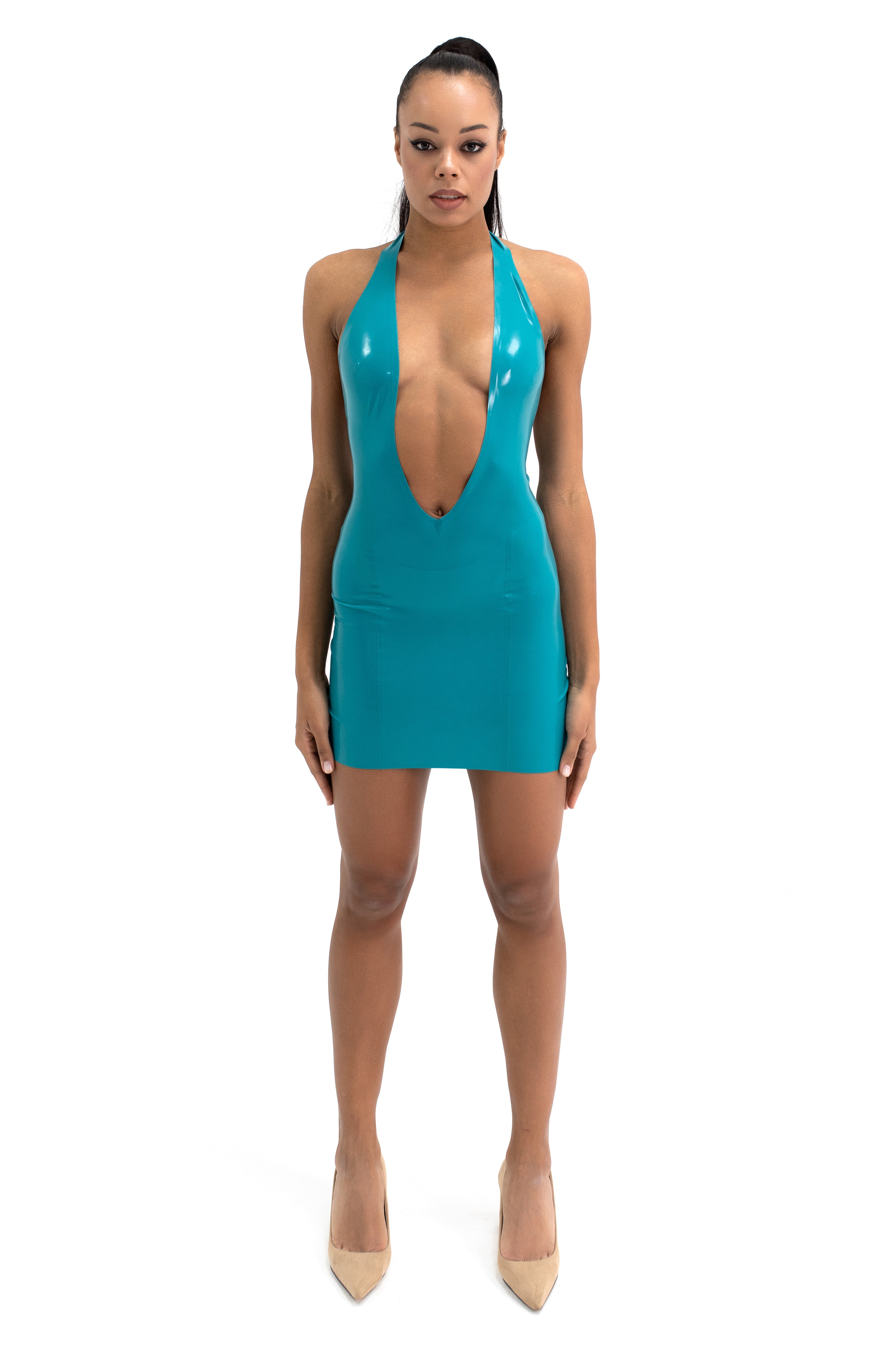 Latex Open Back Mini Dress. Red
