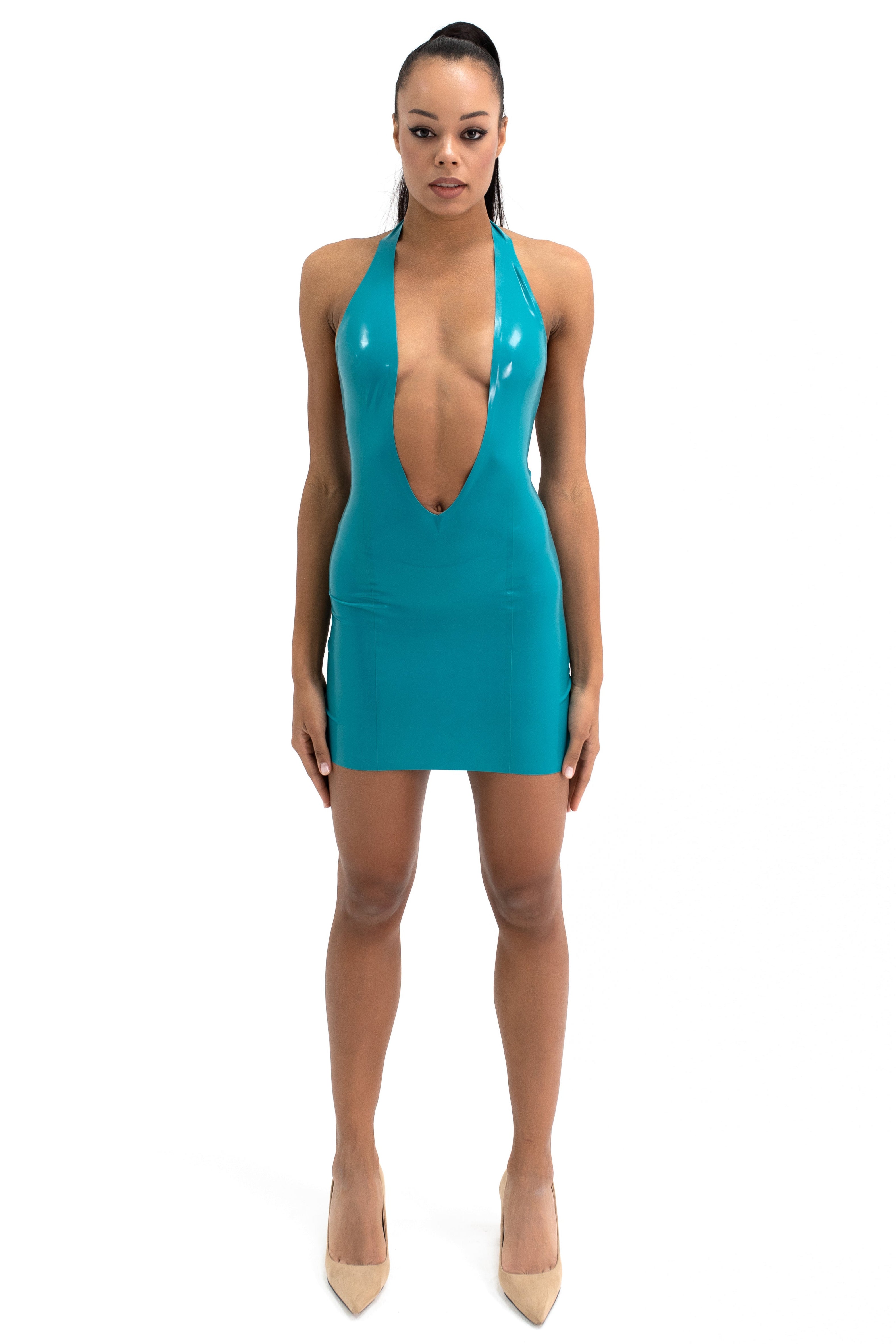 Latex Open Back Mini Dress. Turquoise