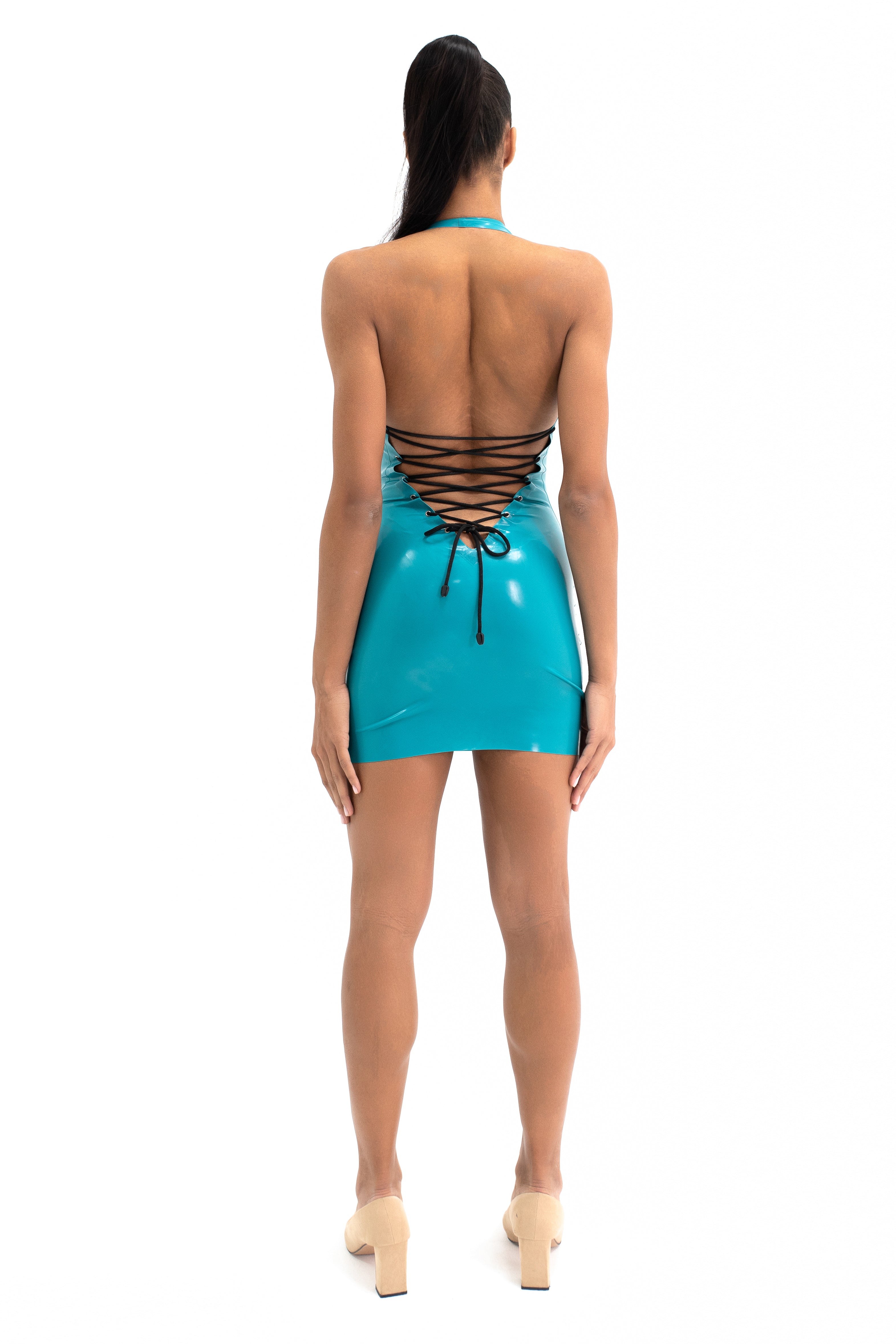 Latex Open Back Mini Dress. Turquoise