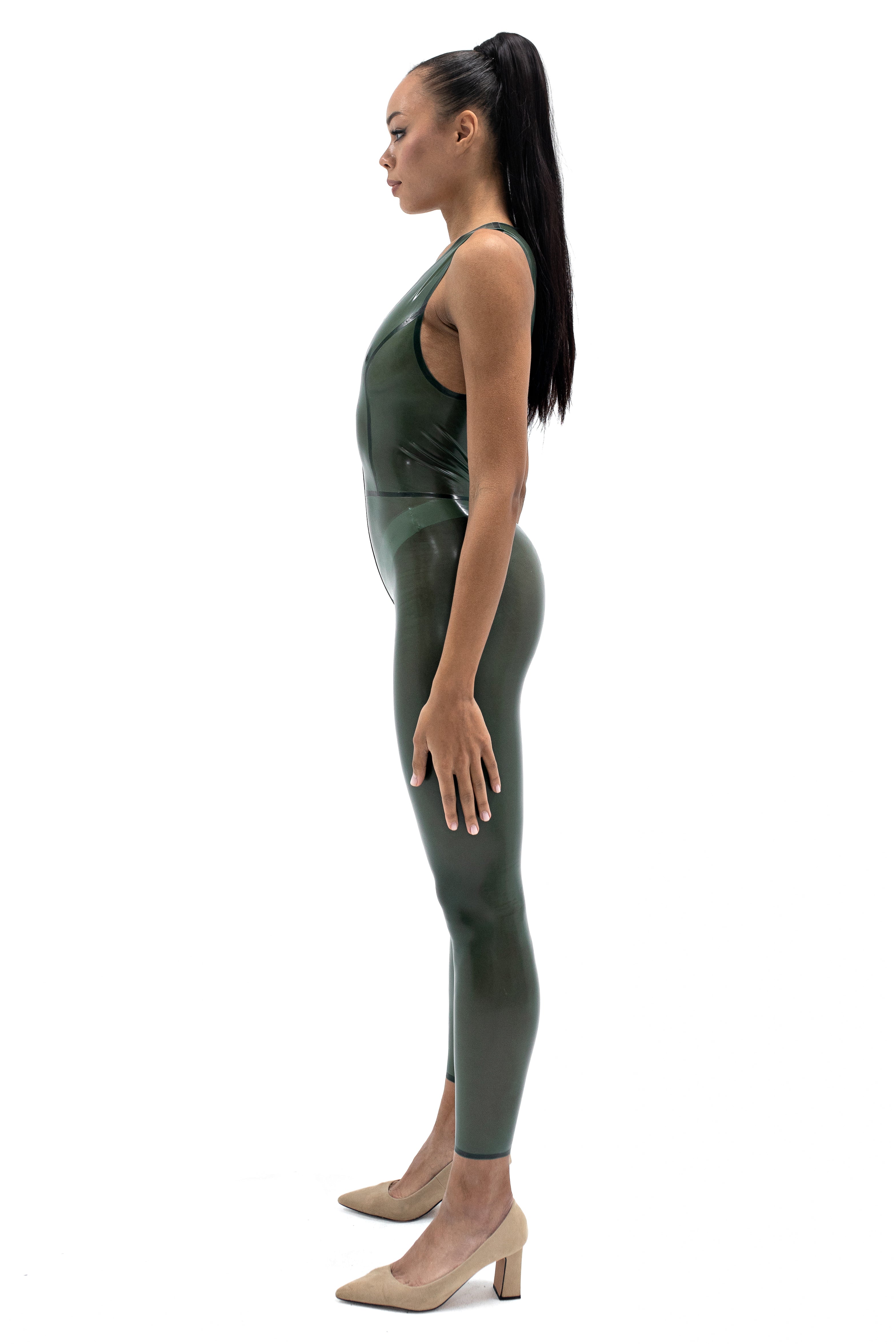 Latex Sleeveles Catsuit. Semi-transparent Olive