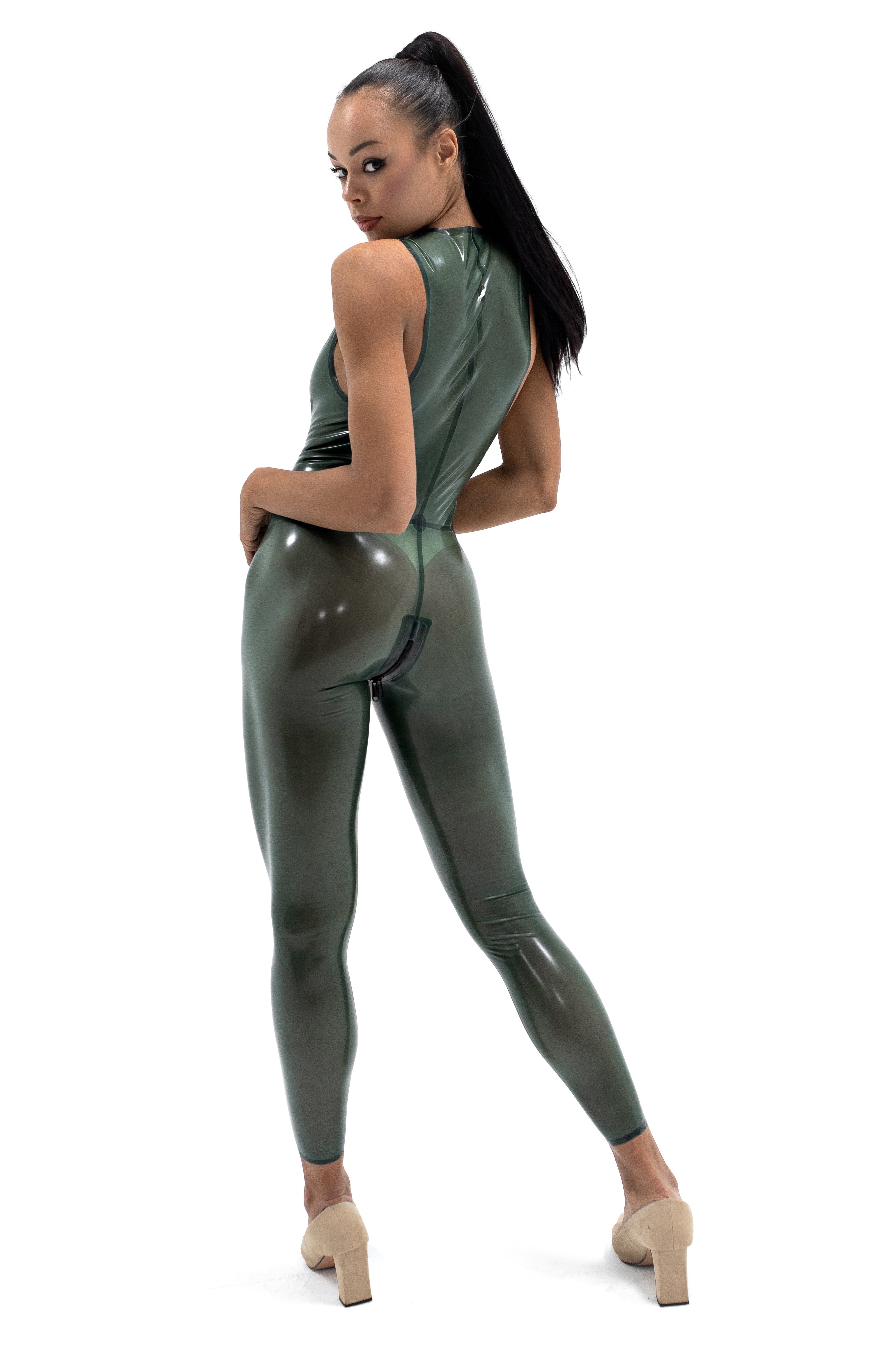 Latex Sleeveles Catsuit. Semi-transparent Olive