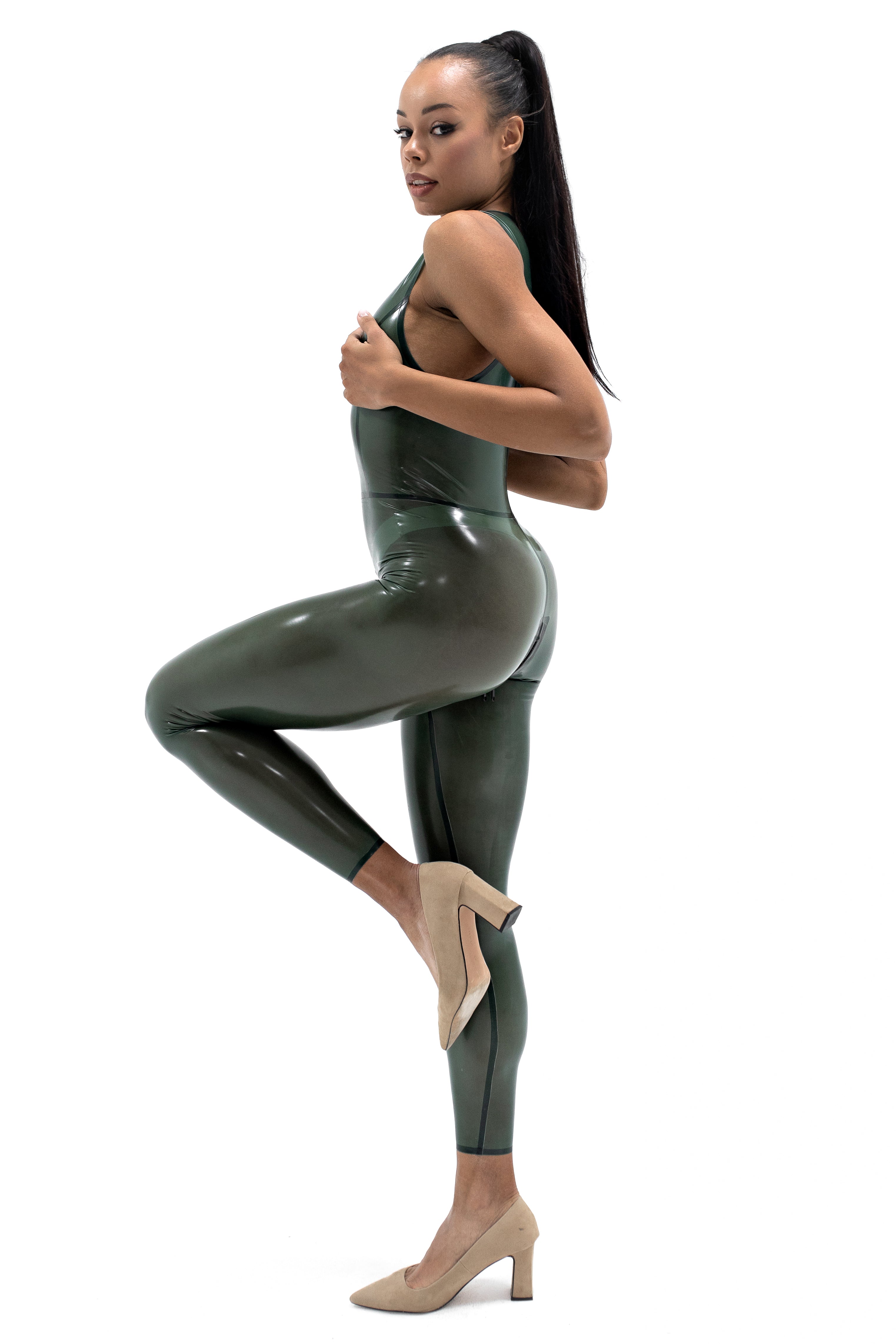 Latex Sleeveles Catsuit. Semi-transparent Olive