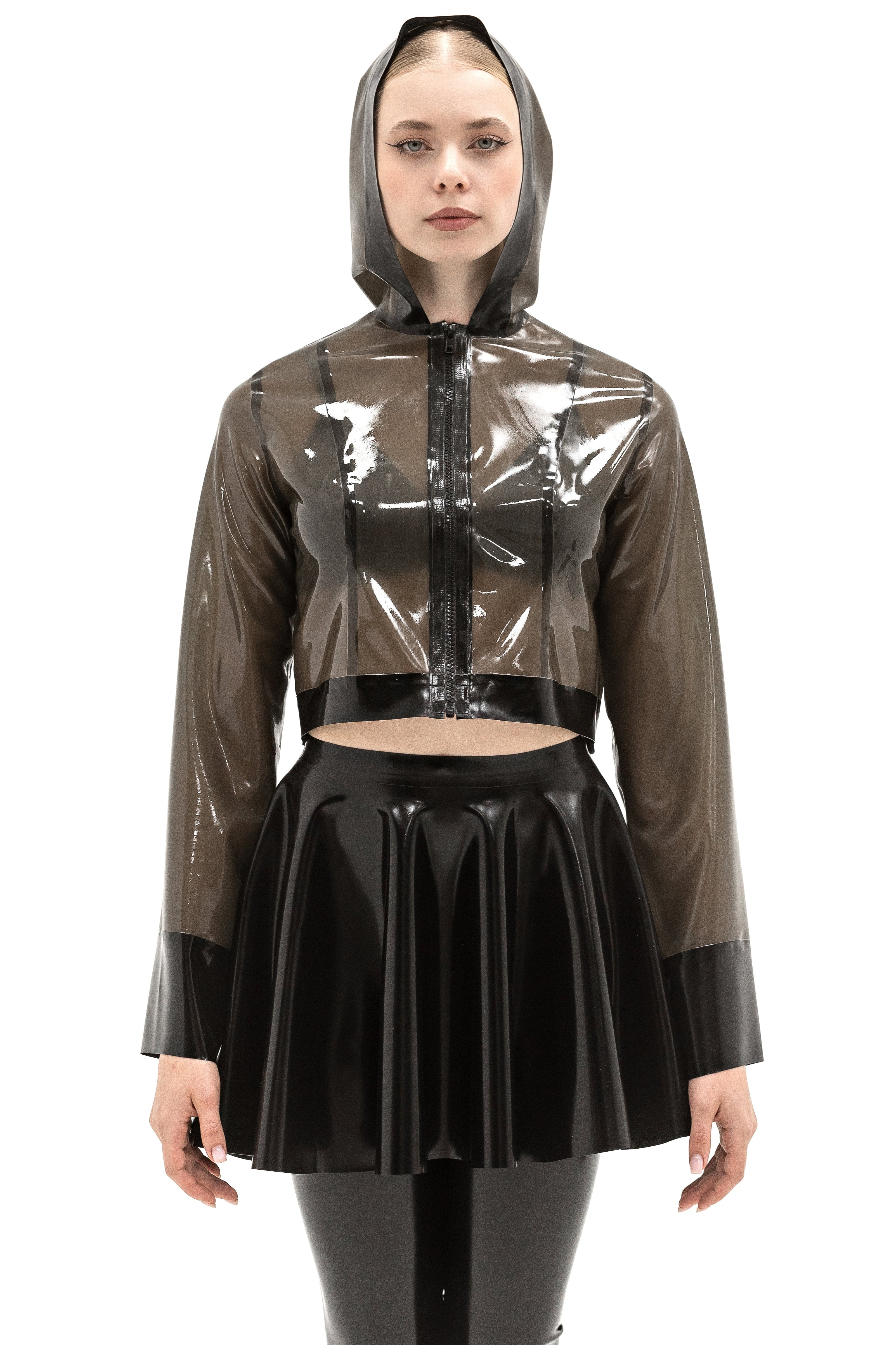 Latex shortcut jacket with a hood. Semi-transparent Black