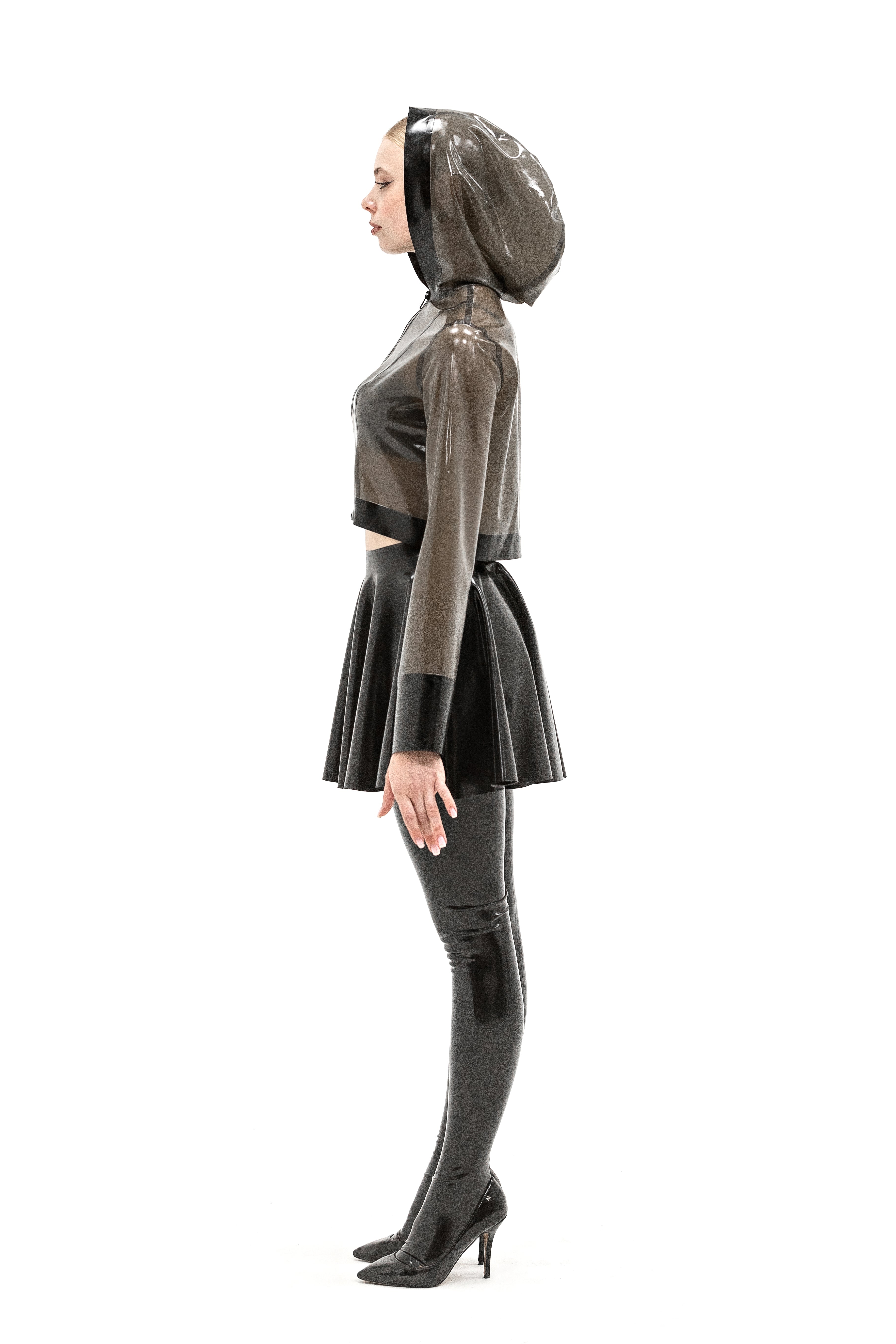 Latex shortcut jacket with a hood. Semi-transparent Black