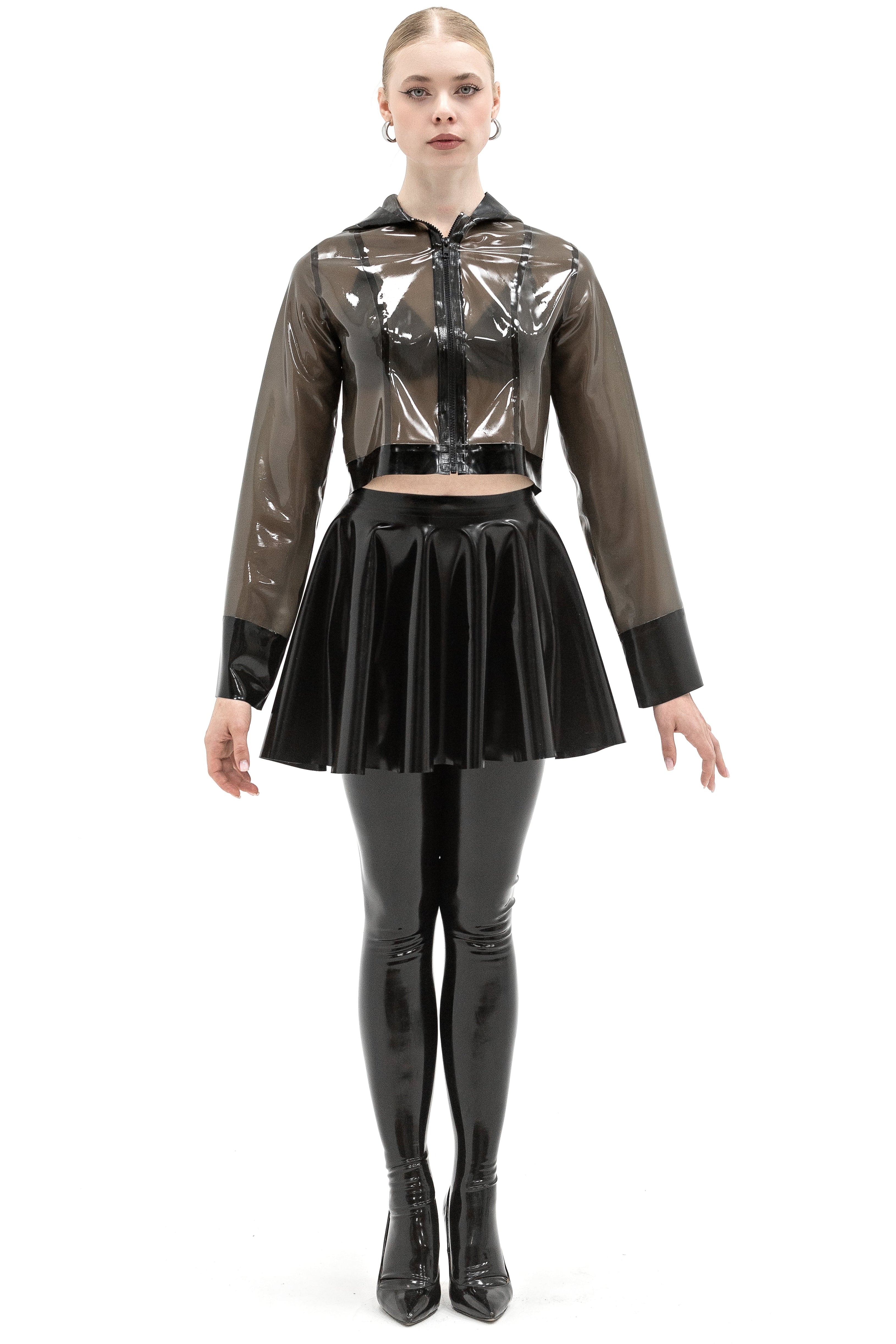 Latex shortcut jacket with a hood. Semi-transparent Black