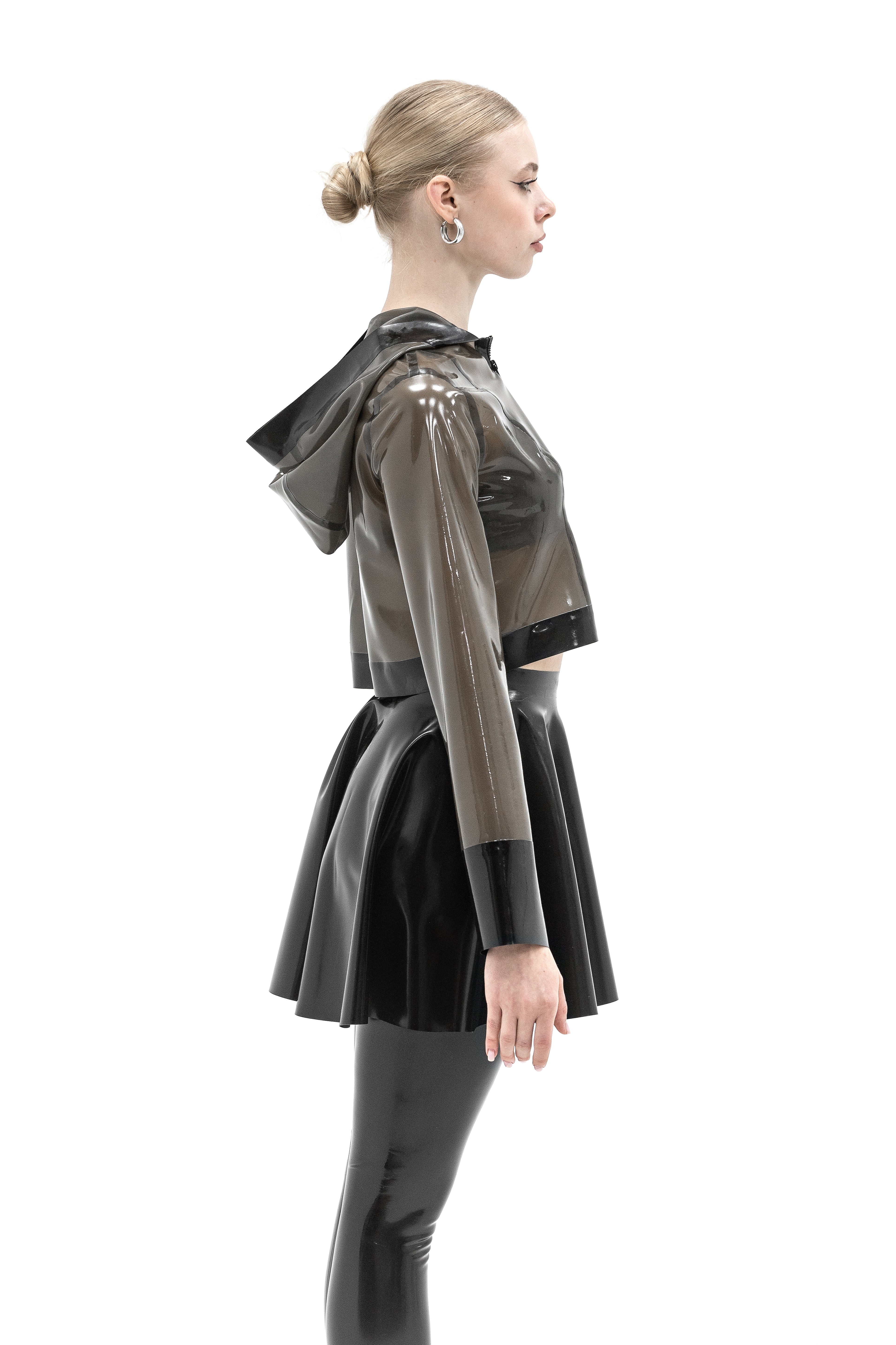 Latex shortcut jacket with a hood. Semi-transparent Black