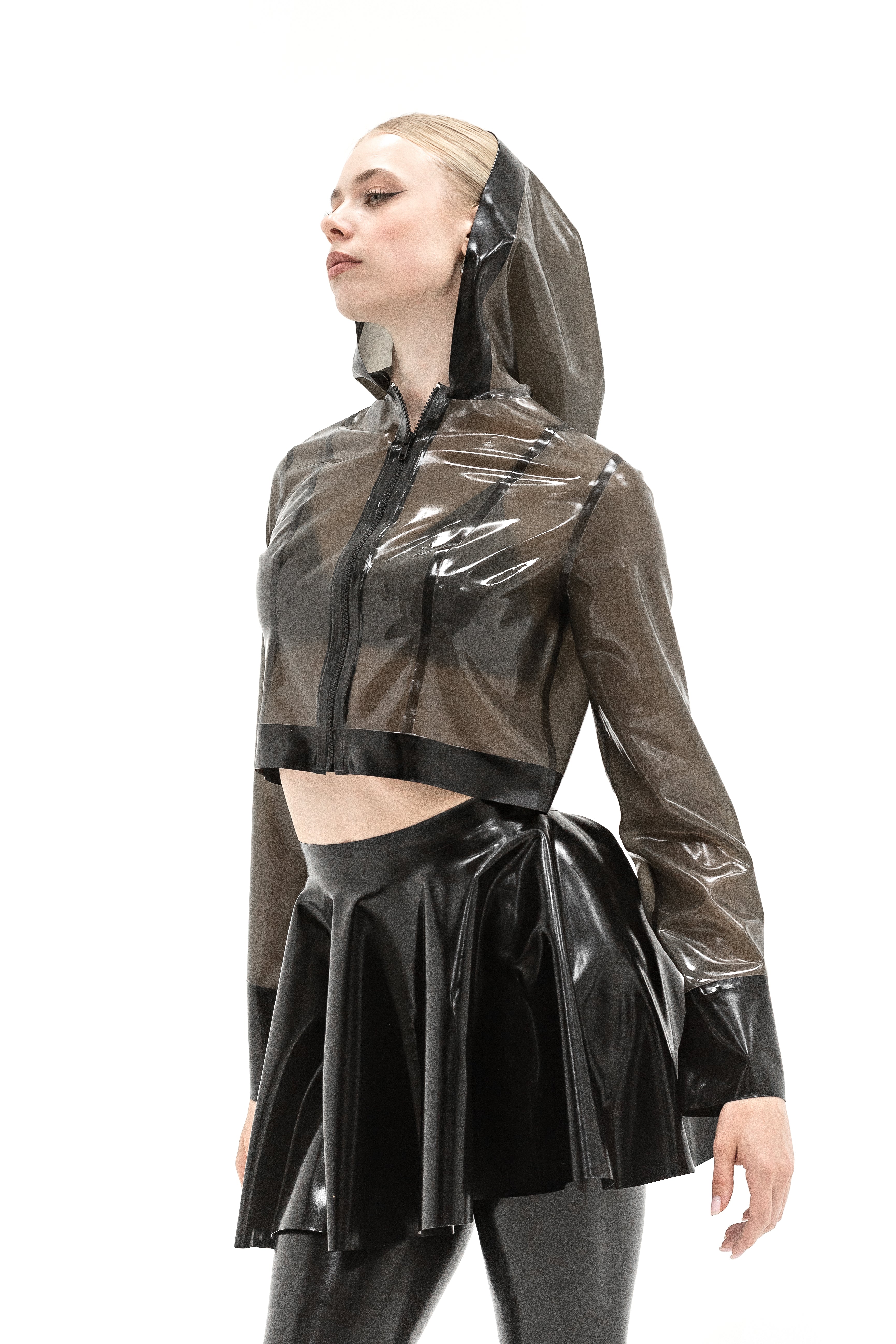Latex shortcut jacket with a hood. Semi-transparent Black