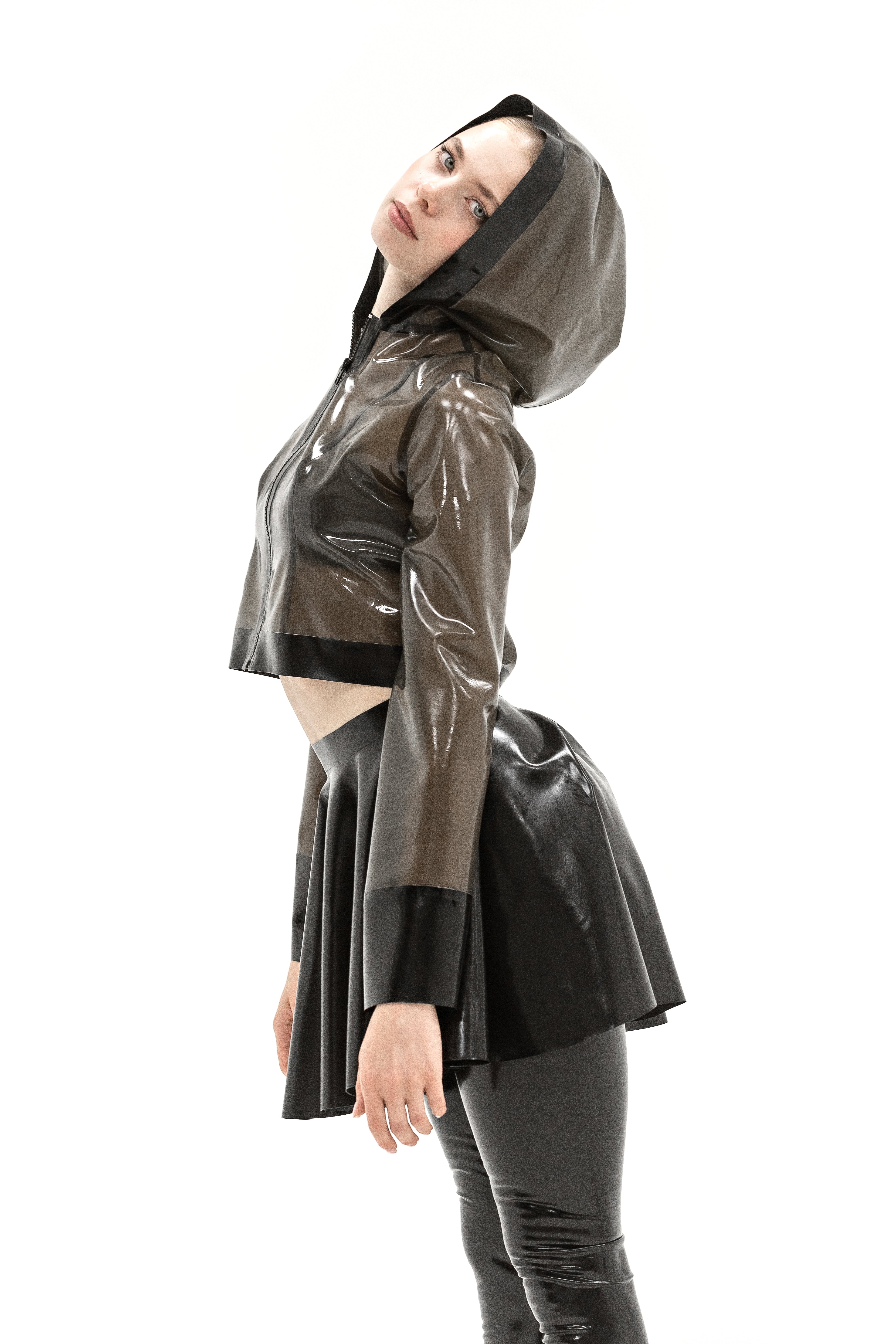 Latex shortcut jacket with a hood. Semi-transparent Black