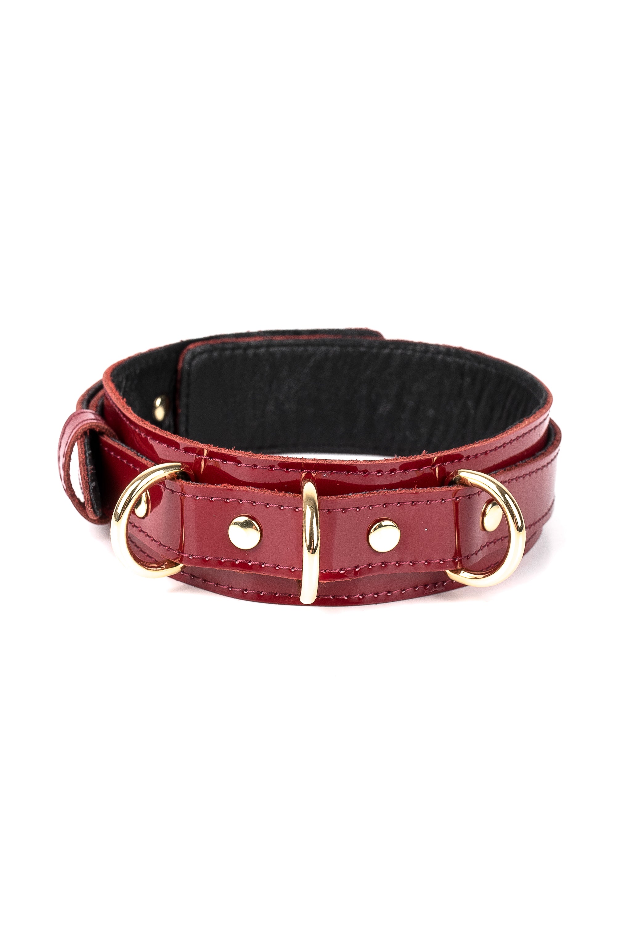 Lacquered Leather Collar with 3 D-rings. Burgundy
