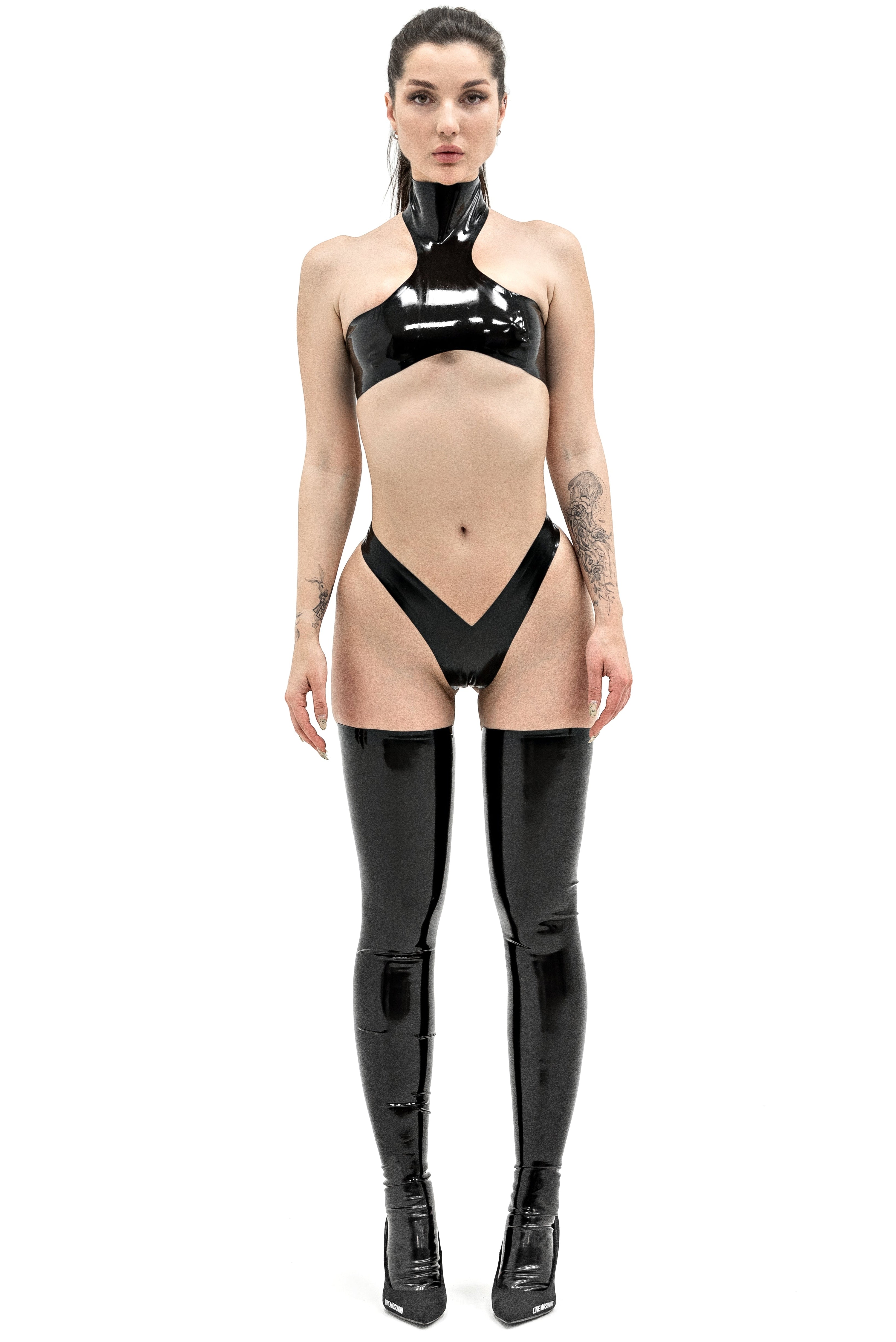 High Neck Top And High-Cut Thong Pola. Black