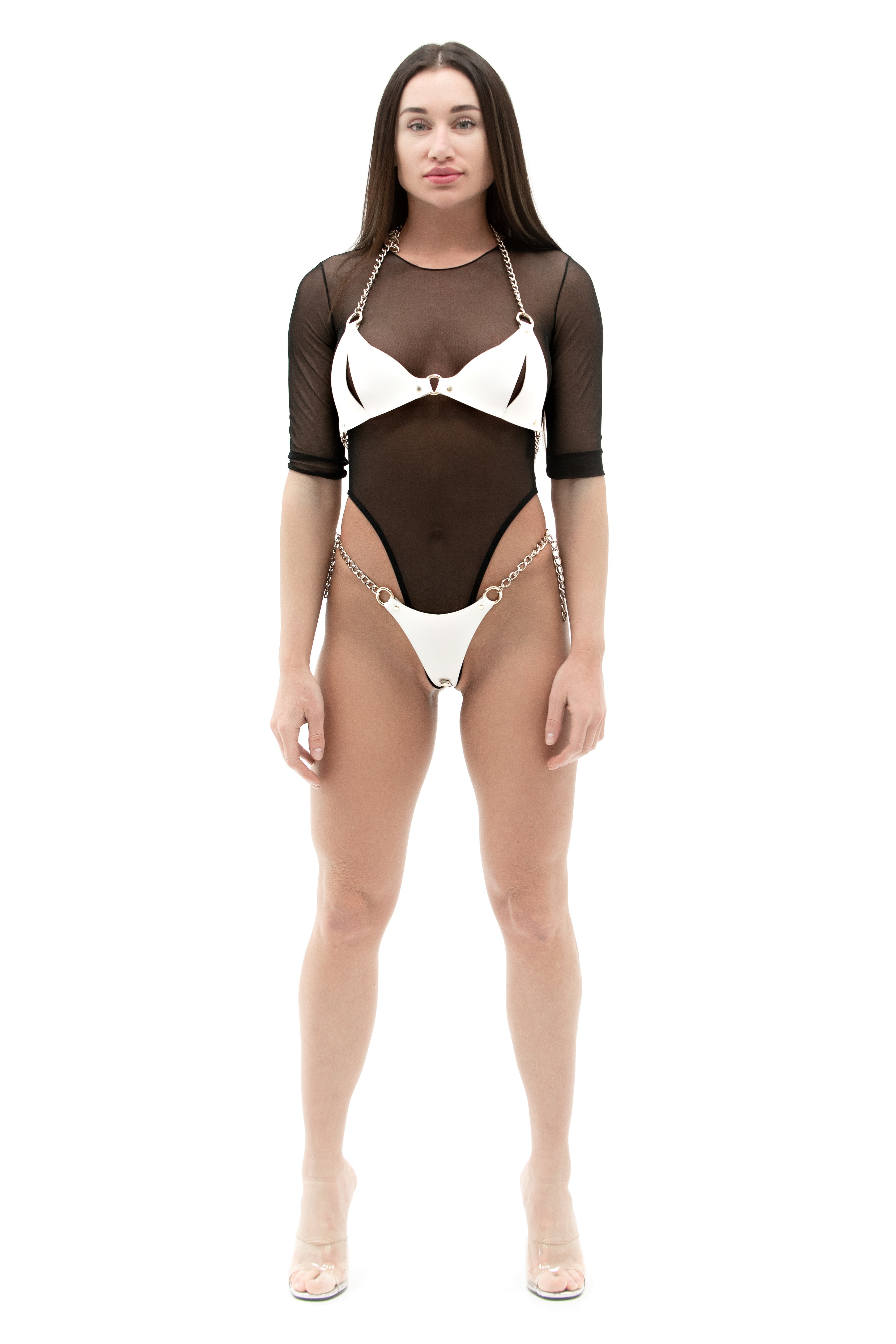 Neoprene Purple Faux Leather Bra and Thong Harness Set with Waist Chain