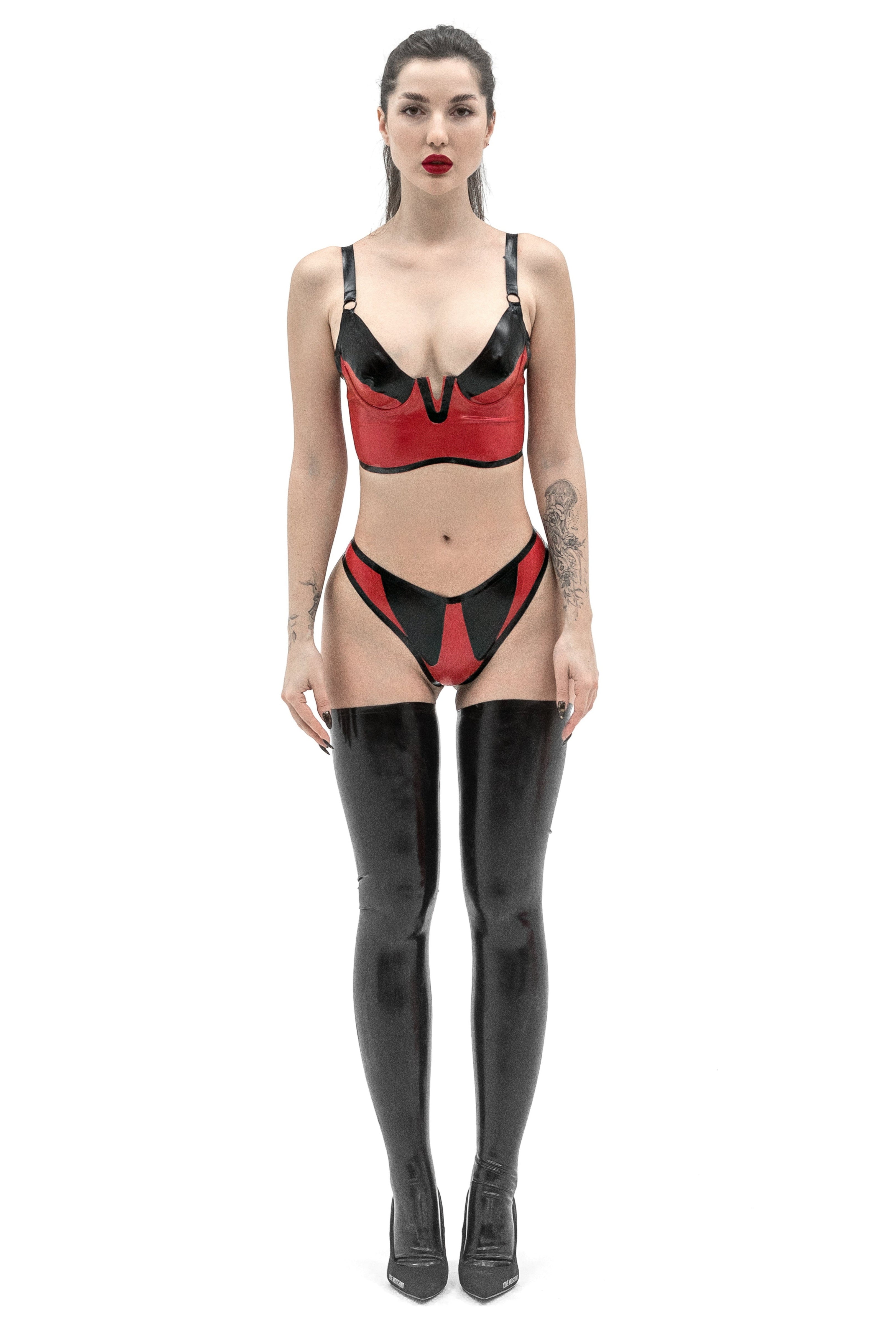 BOHEMIA Latex Lingerie Set - Bra And Thong. Red & Black