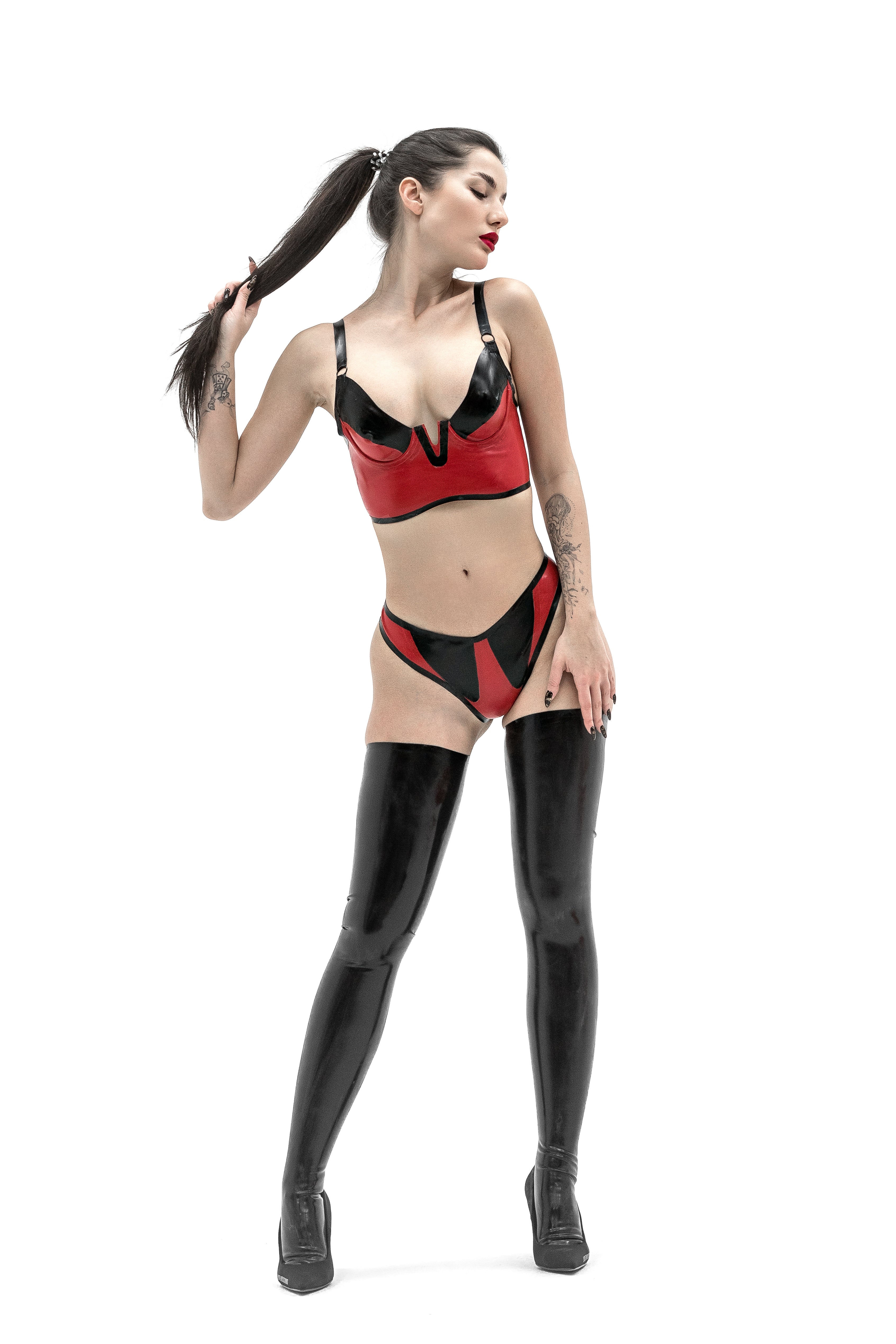 BOHEMIA Latex Lingerie Set - Bra And Thong. Red & Black