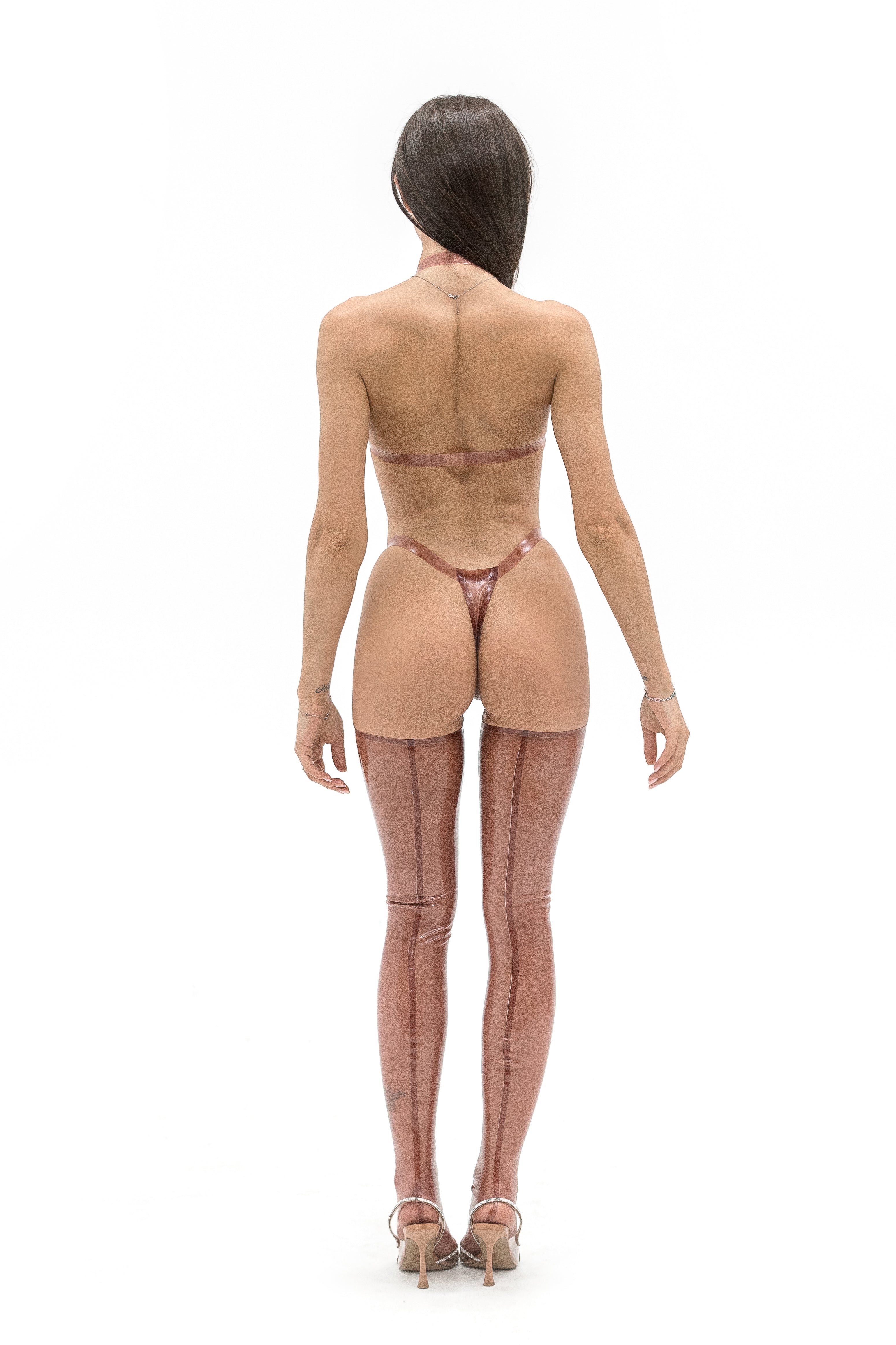 Latex Lingerie, Latex bra + micro bikini. Semi-Transparent Pink