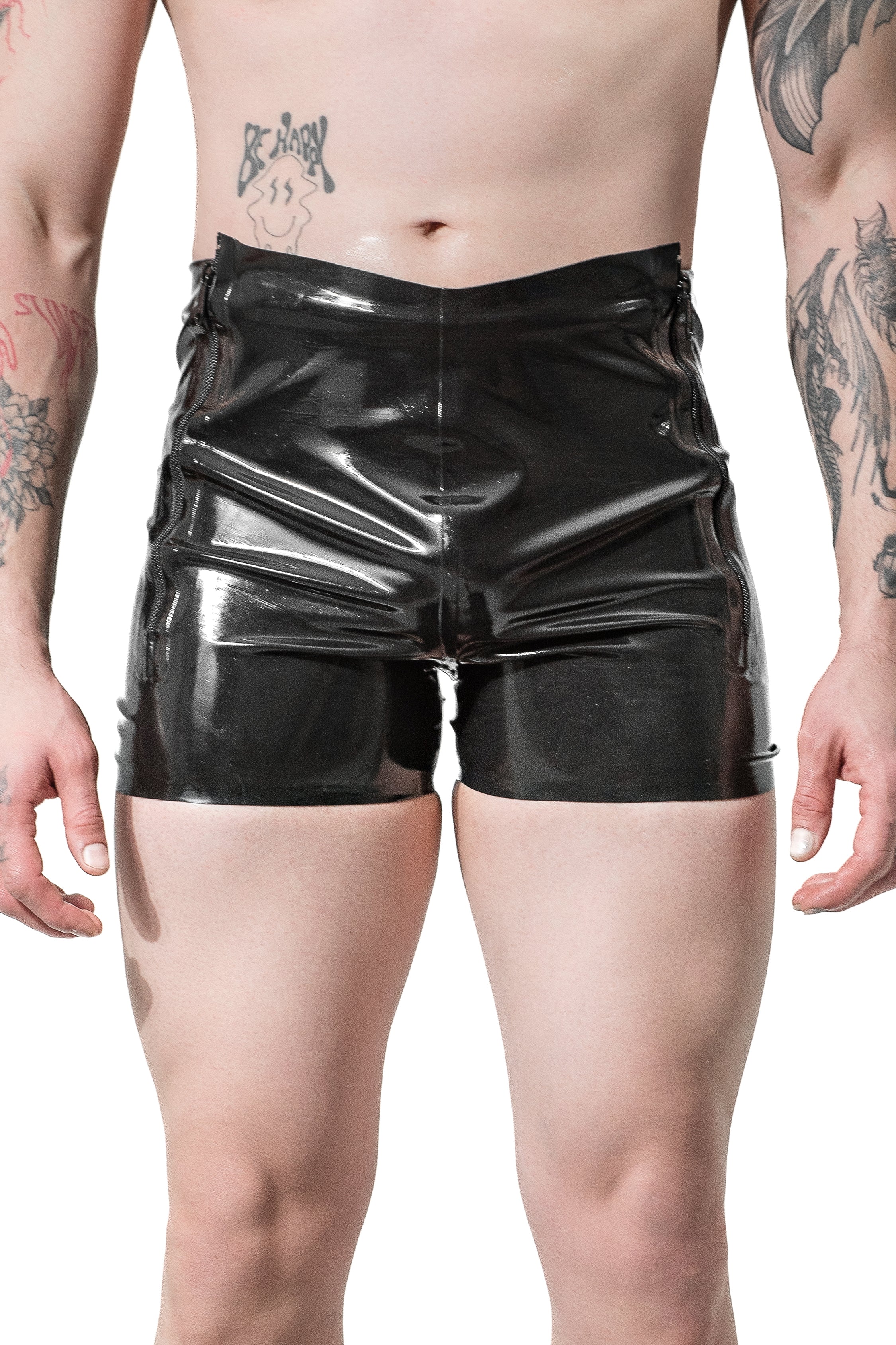 Latex men's shorts with dual front side zippers
