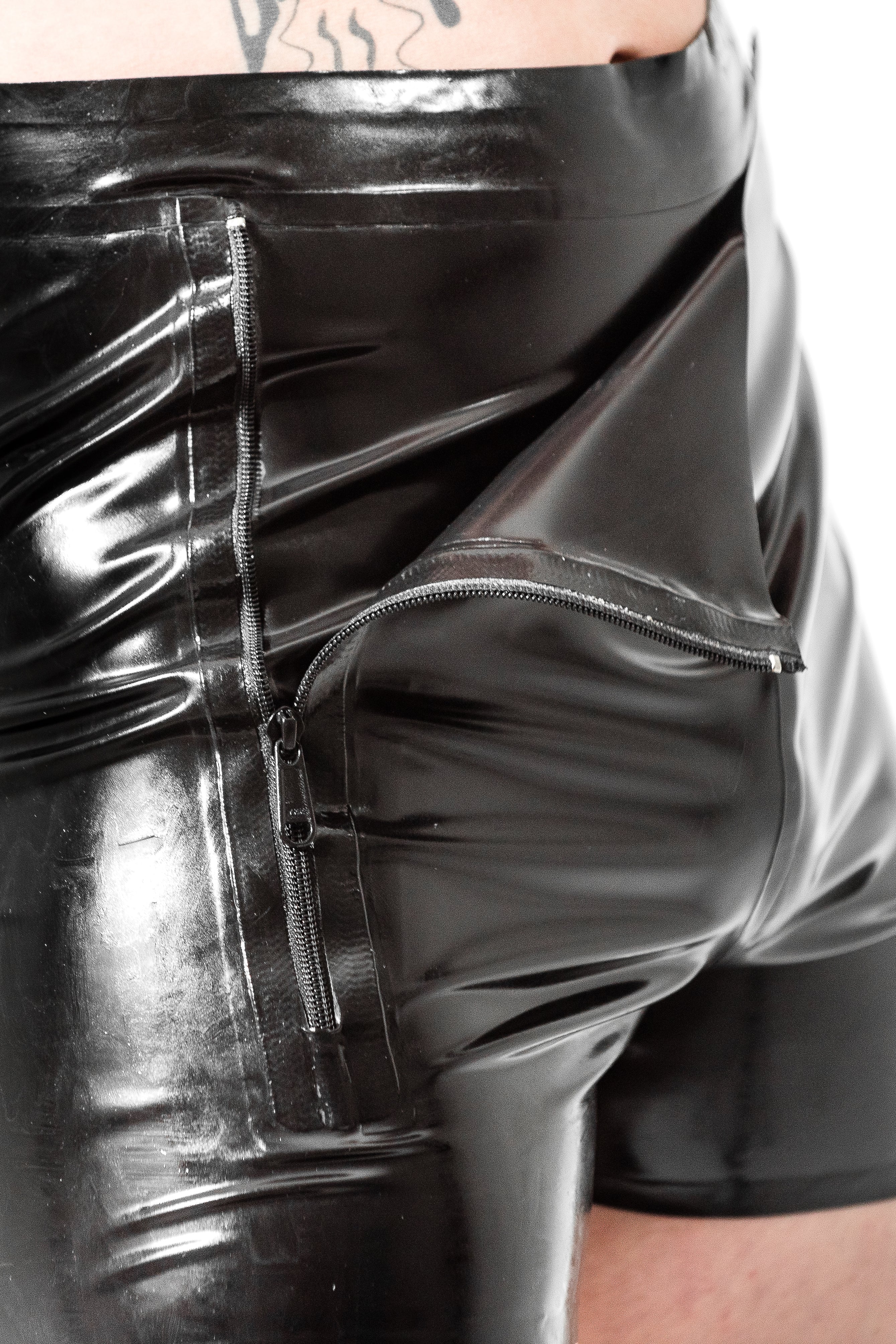 Latex men's shorts with dual front side zippers