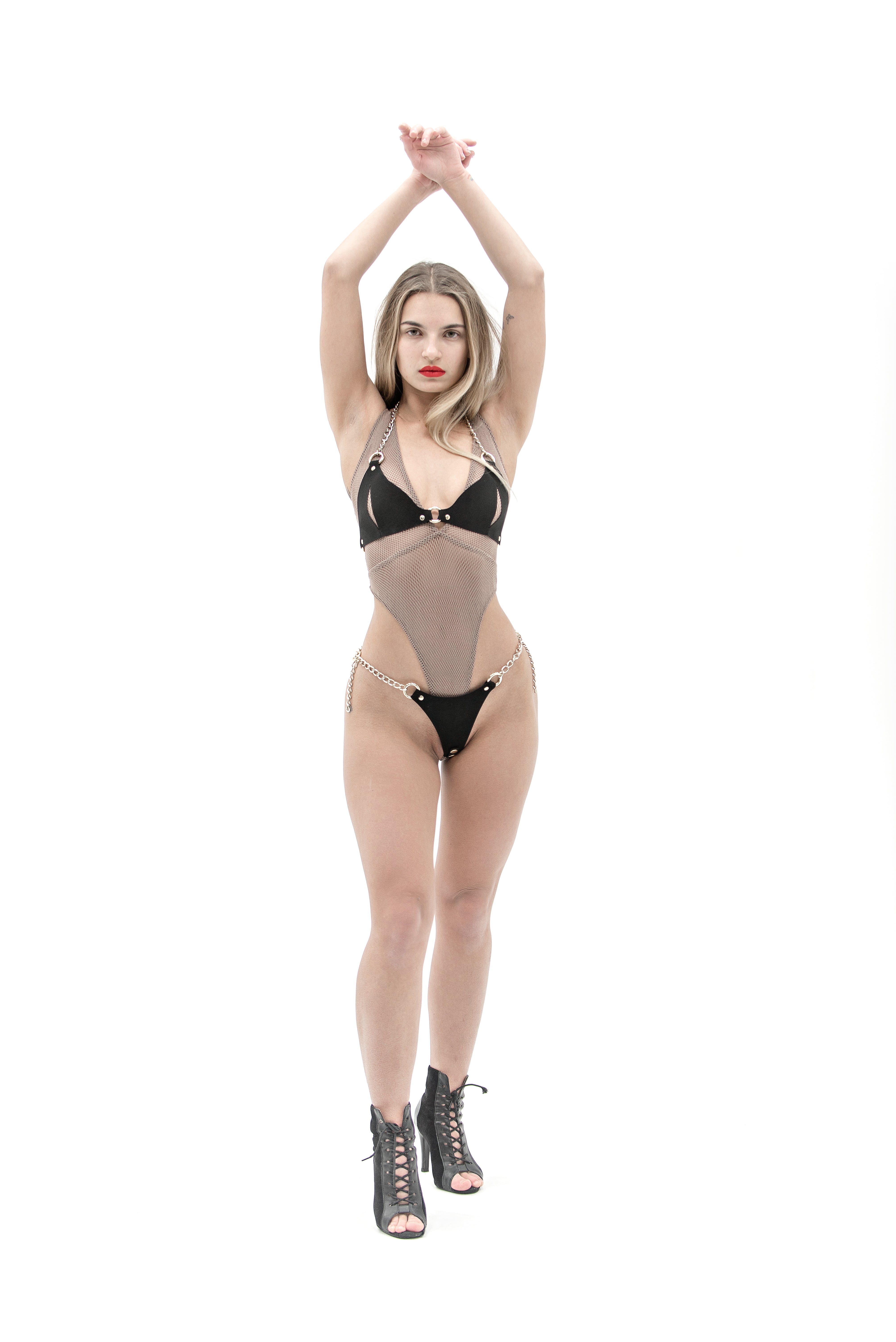 Neoprene Black Faux Leather Bra and Thong Harness Set with Waist Chain